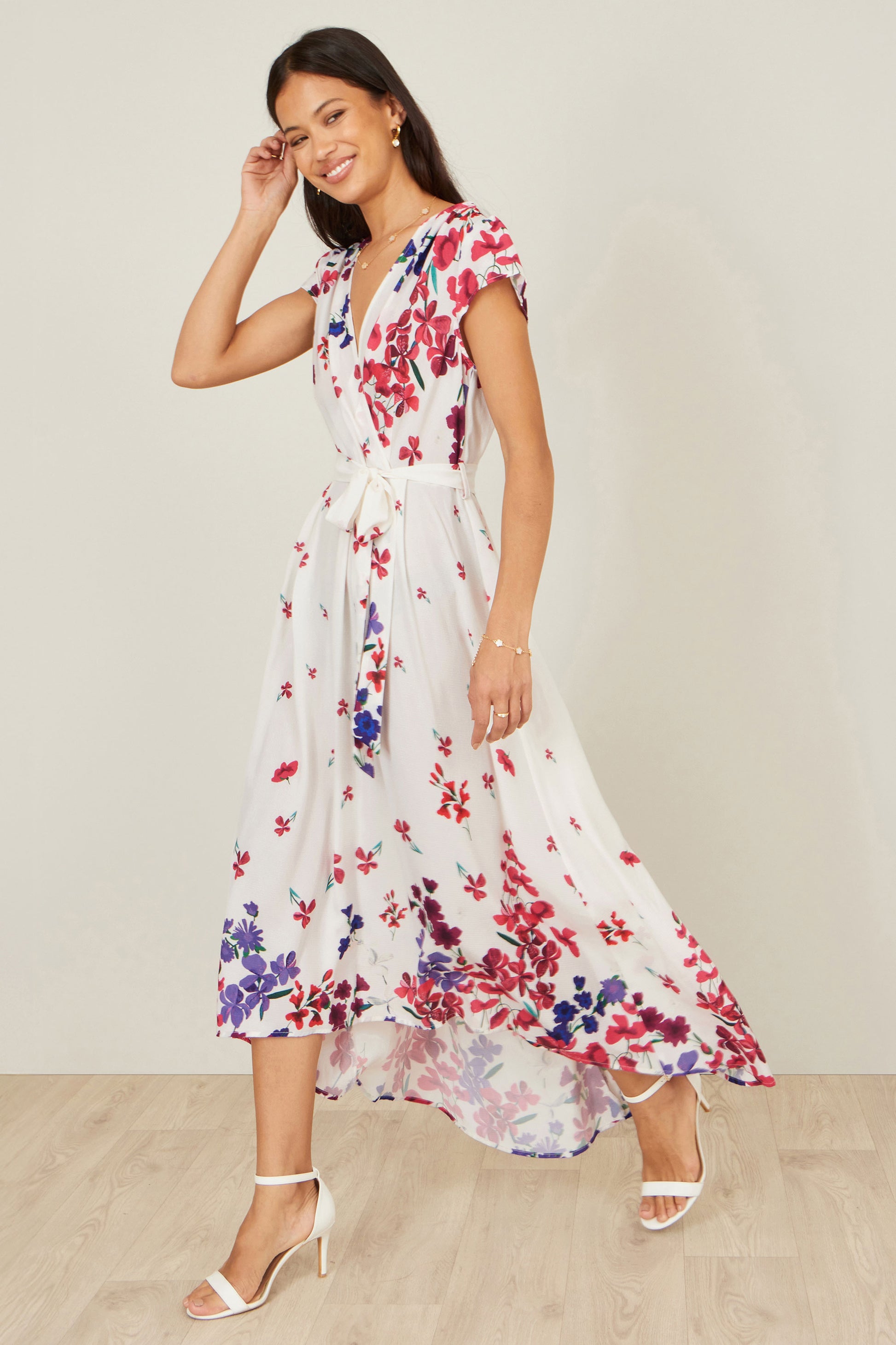 Yumi Ivory Floral Mirror Wrap Dress With Dip Hem Dress Occasion Yumi