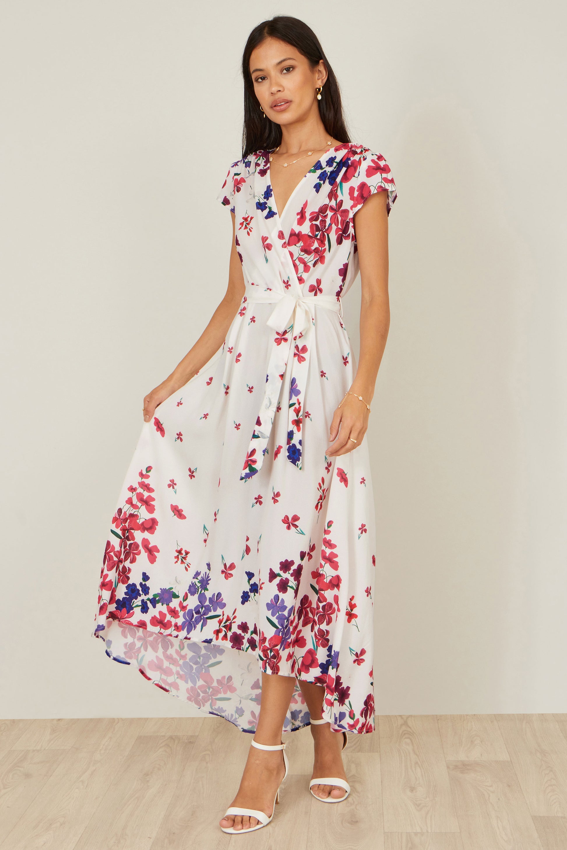 Yumi Ivory Floral Mirror Wrap Dress With Dip Hem Dress Occasion Yumi