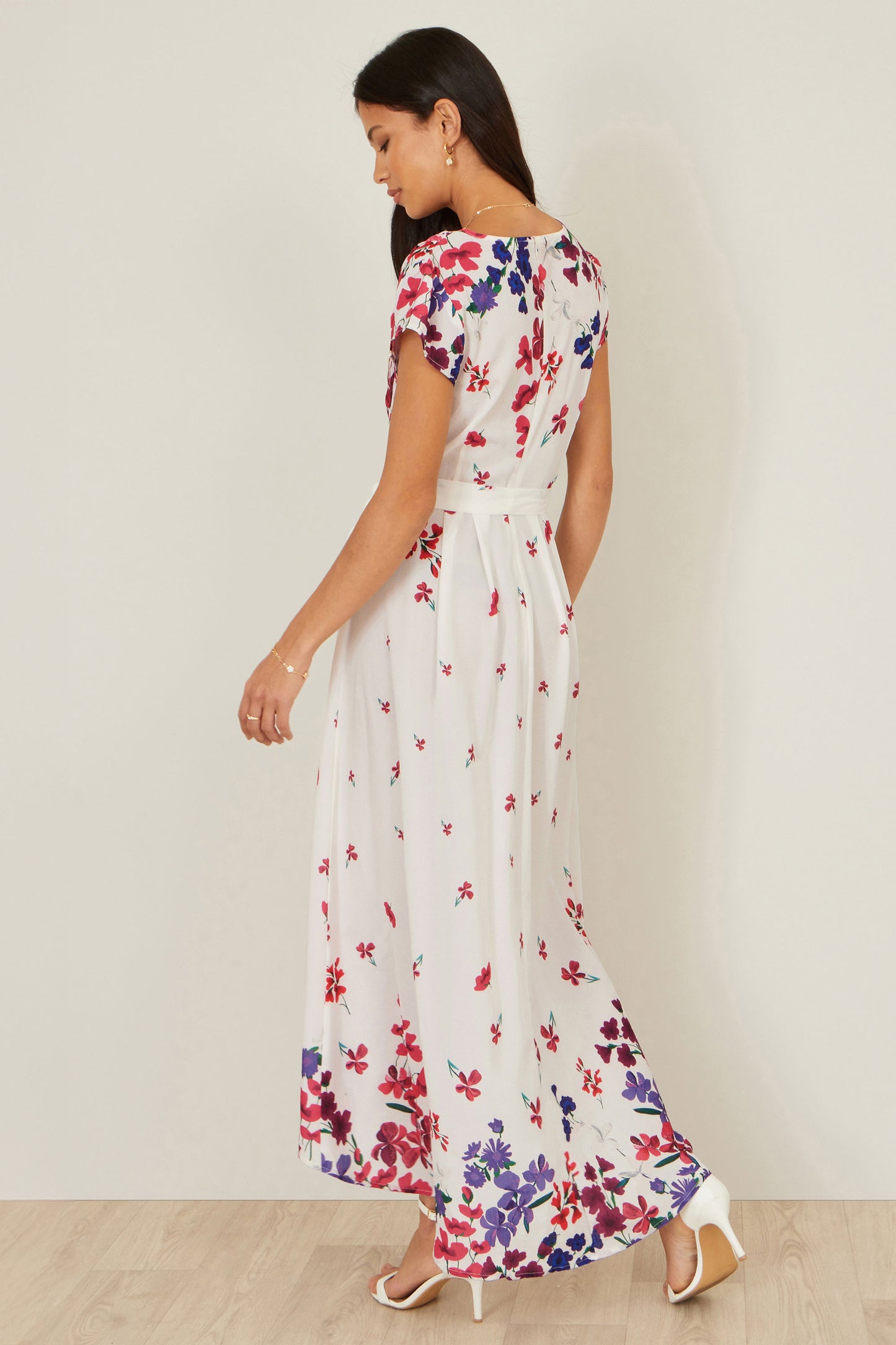 Yumi Ivory Floral Mirror Wrap Dress With Dip Hem Dress Occasion Yumi