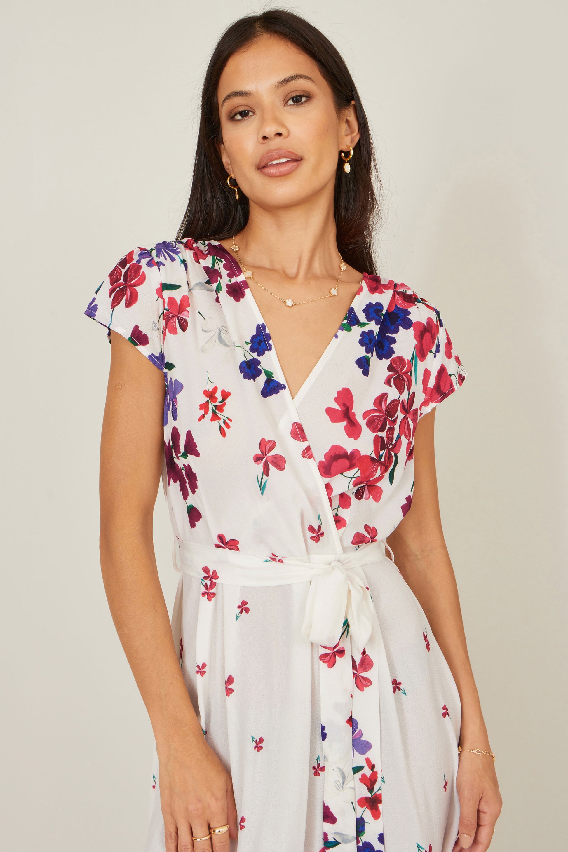 Yumi Ivory Floral Mirror Wrap Dress With Dip Hem Dress Occasion Yumi