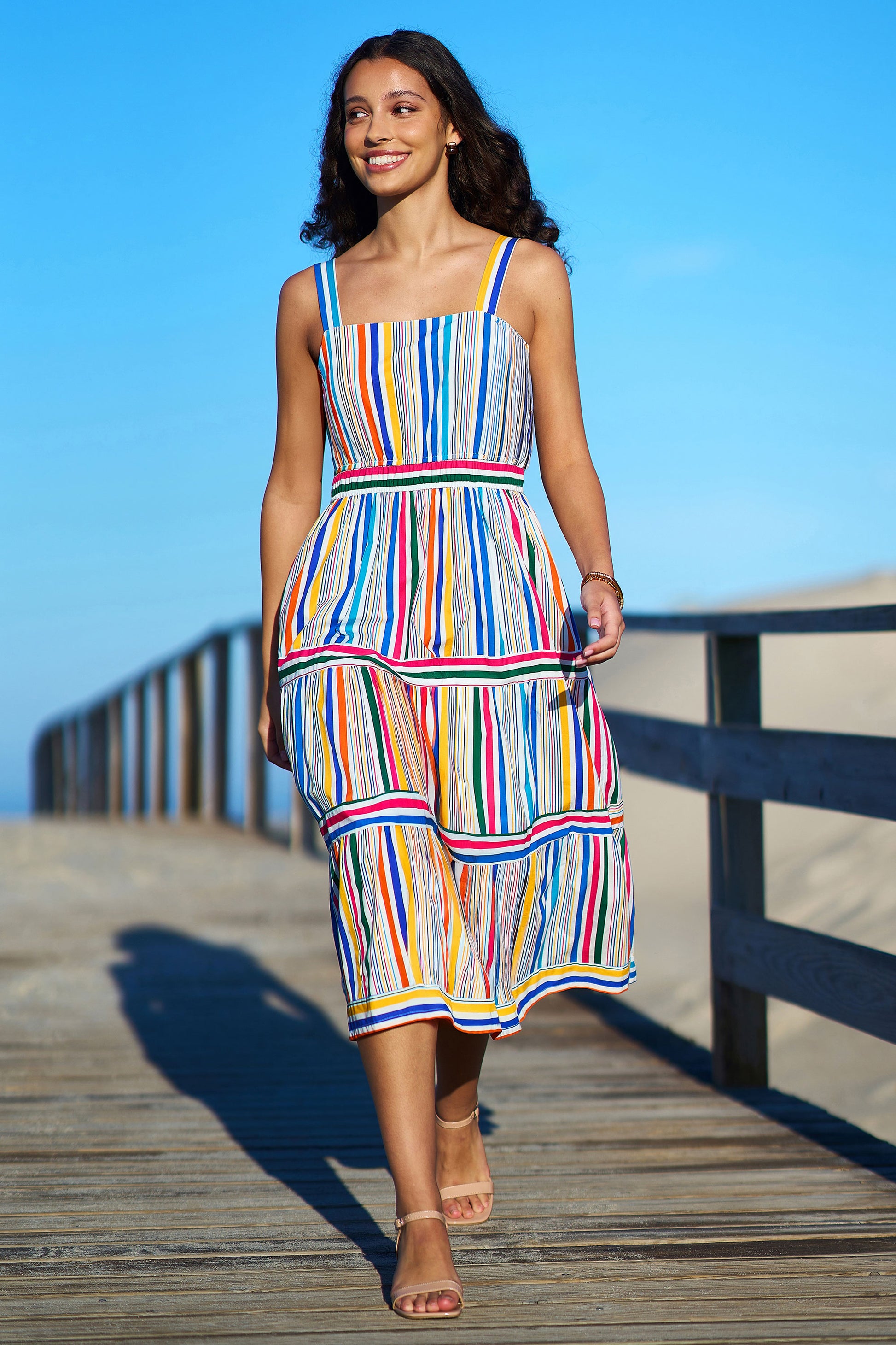 Yumi Multicolour Stripe Cotton Midi Sun Dress Beachwear Yumi