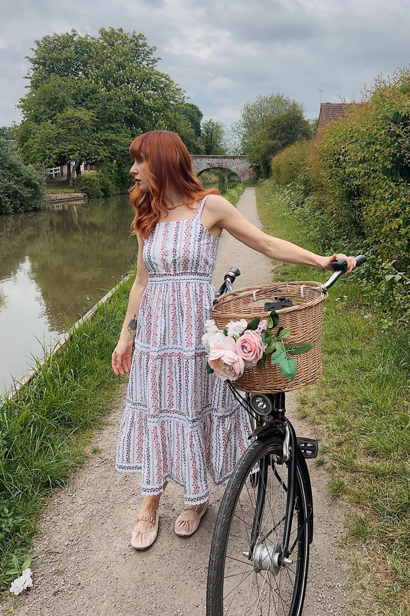 Yumi White Botanical Stripe Midi Dress With Lace Trims Beachwear Yumi