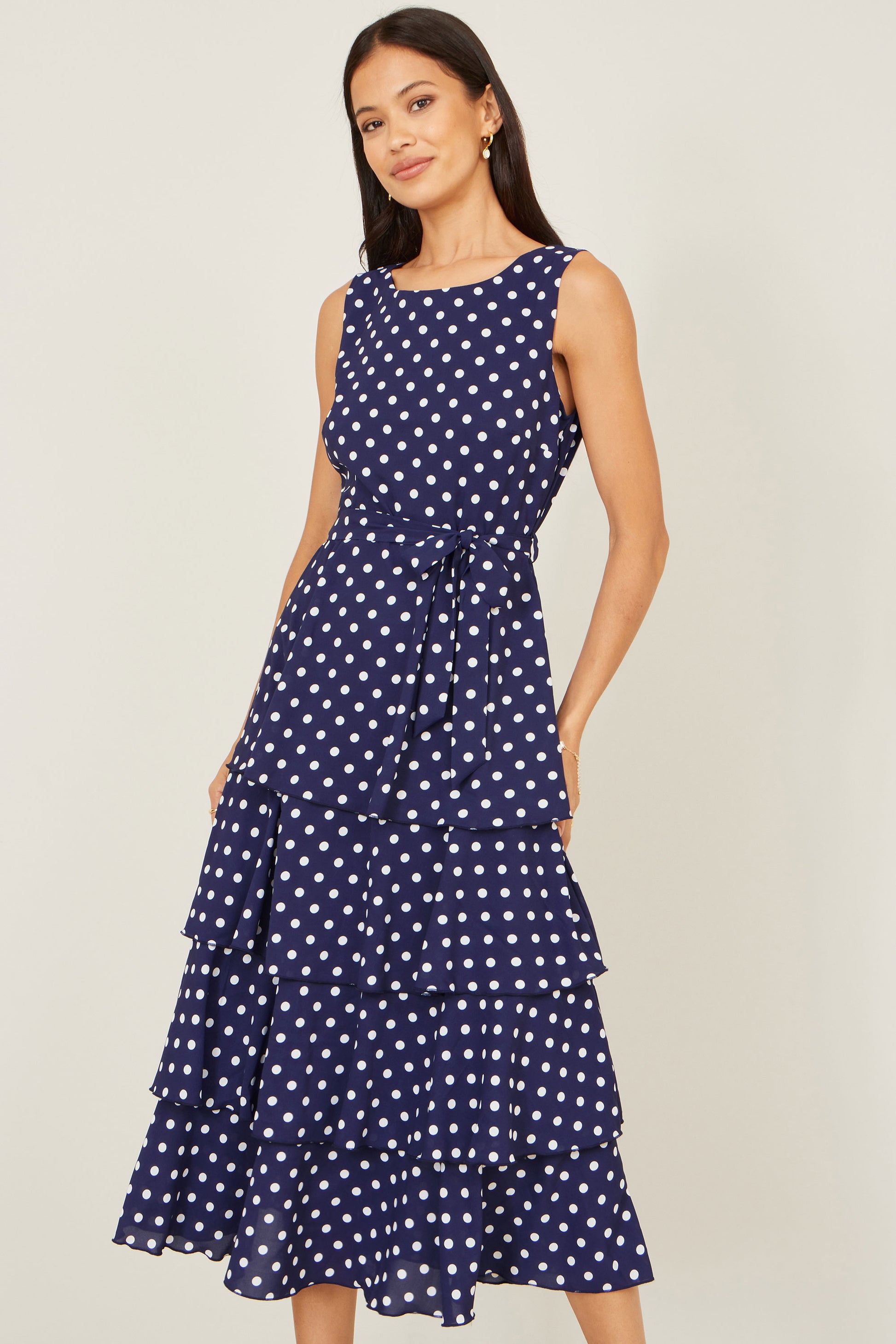 Yumi Navy Spot Tiered Midi Dress Dress Occasion Yumi