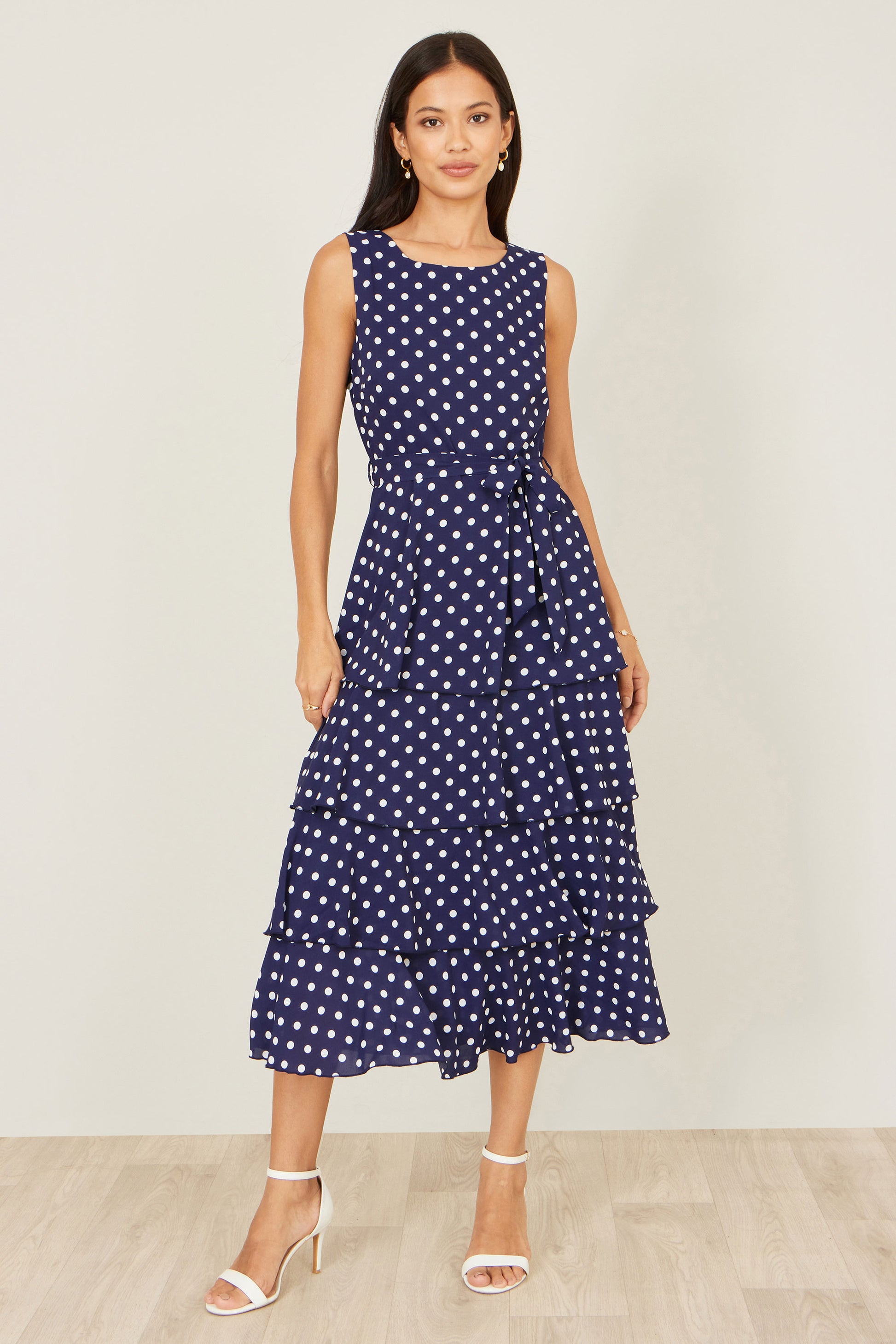 Yumi Navy Spot Tiered Midi Dress Dress Occasion Yumi