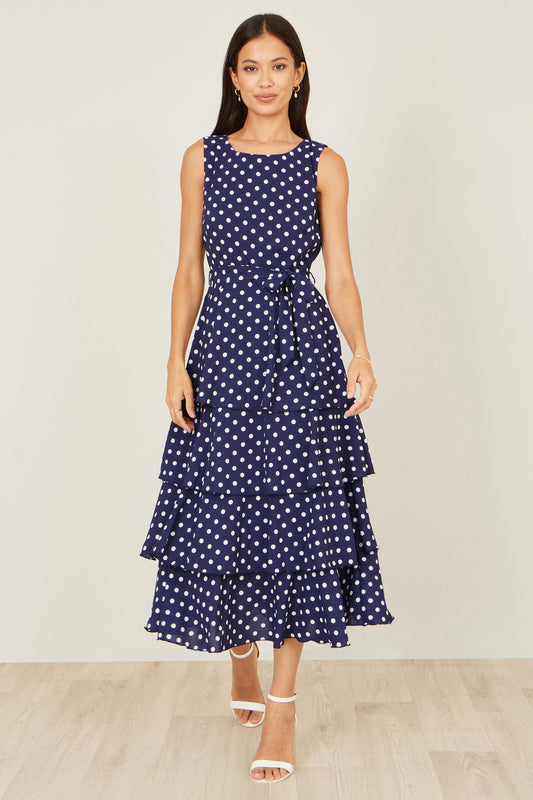 Yumi Navy Spot Tiered Midi Dress Dress Occasion Yumi
