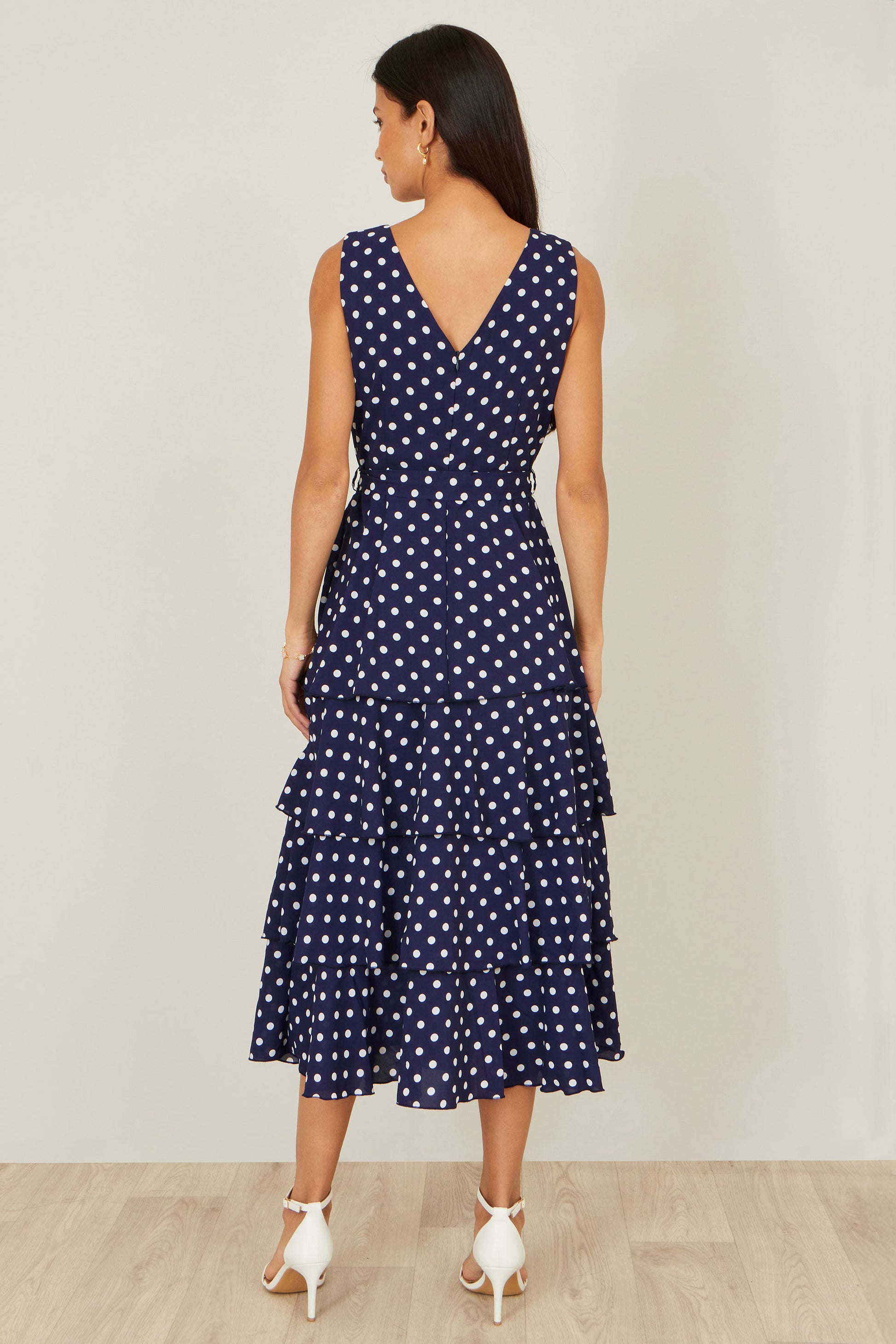 Yumi Navy Spot Tiered Midi Dress Dress Occasion Yumi