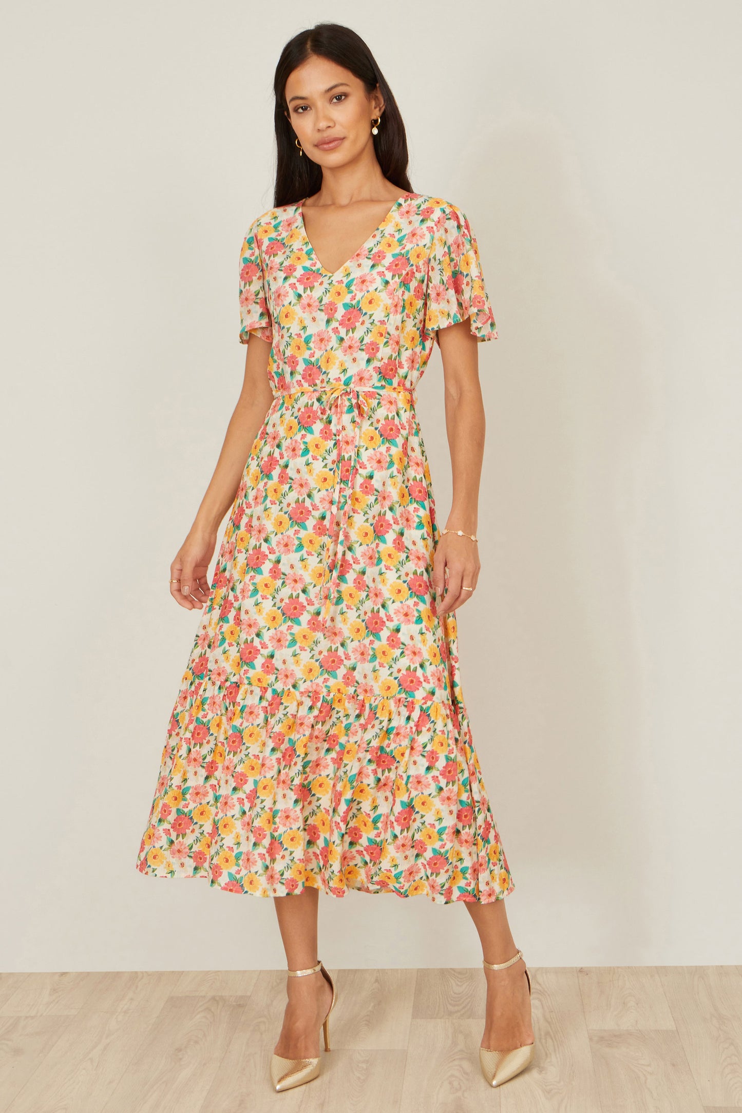 Yumi Multicolour Midi Tea Dress With Angel Sleeves Dress Casual Yumi