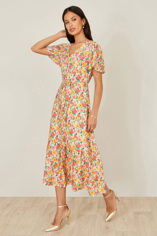Yumi Multicolour Midi Tea Dress With Angel Sleeves Dress Casual Yumi