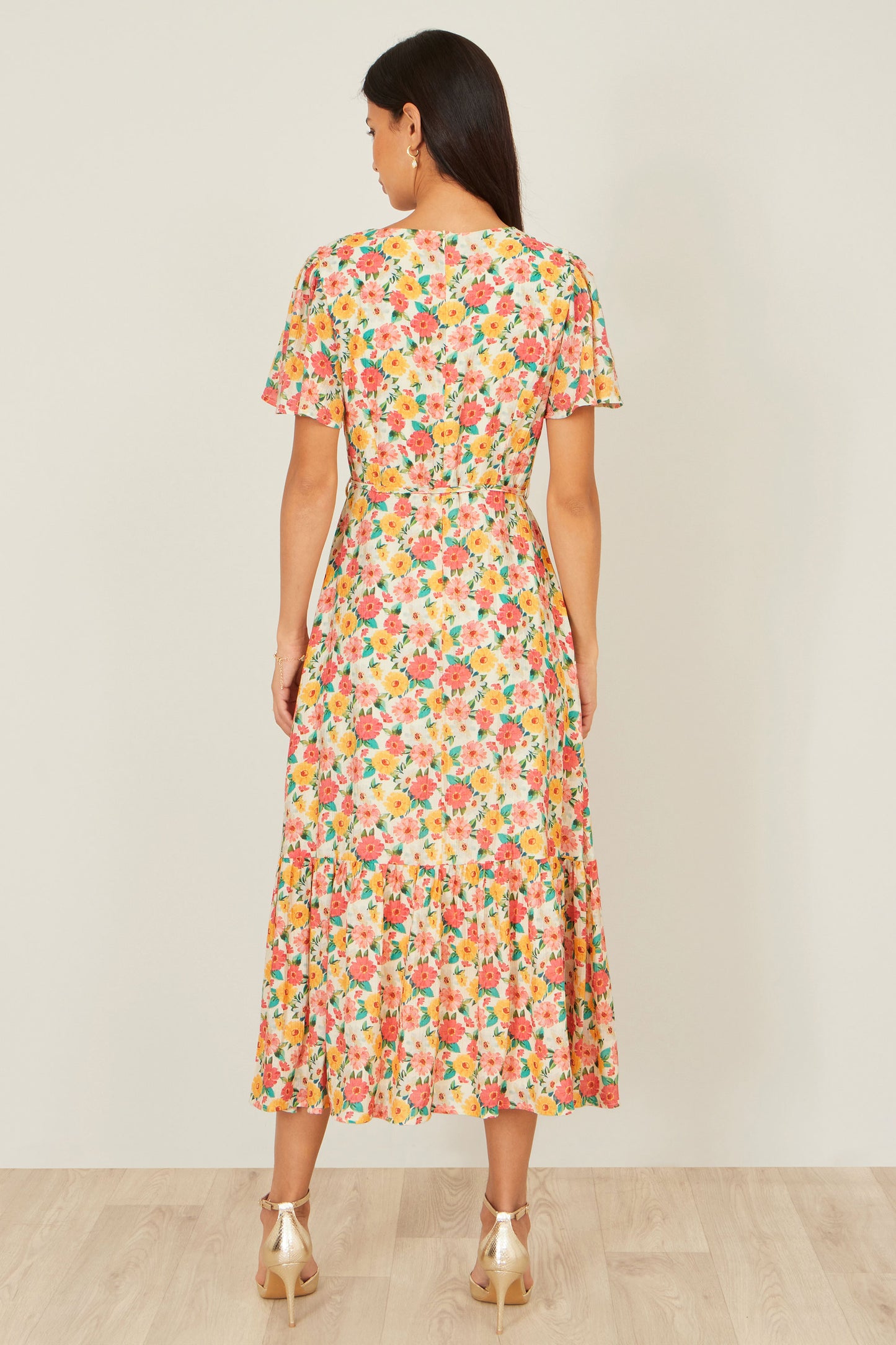 Yumi Multicolour Midi Tea Dress With Angel Sleeves Dress Casual Yumi