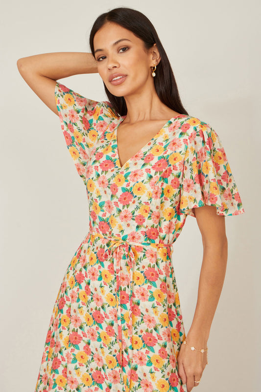 Yumi Multicolour Midi Tea Dress With Angel Sleeves Dress Casual Yumi