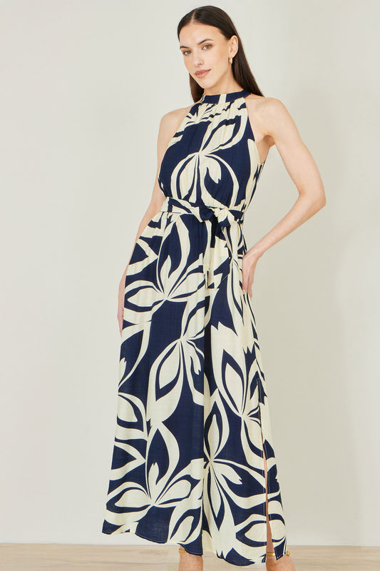 Yumi Navy Geo Swirl Print Halter Maxi Dress Beachwear Yumi