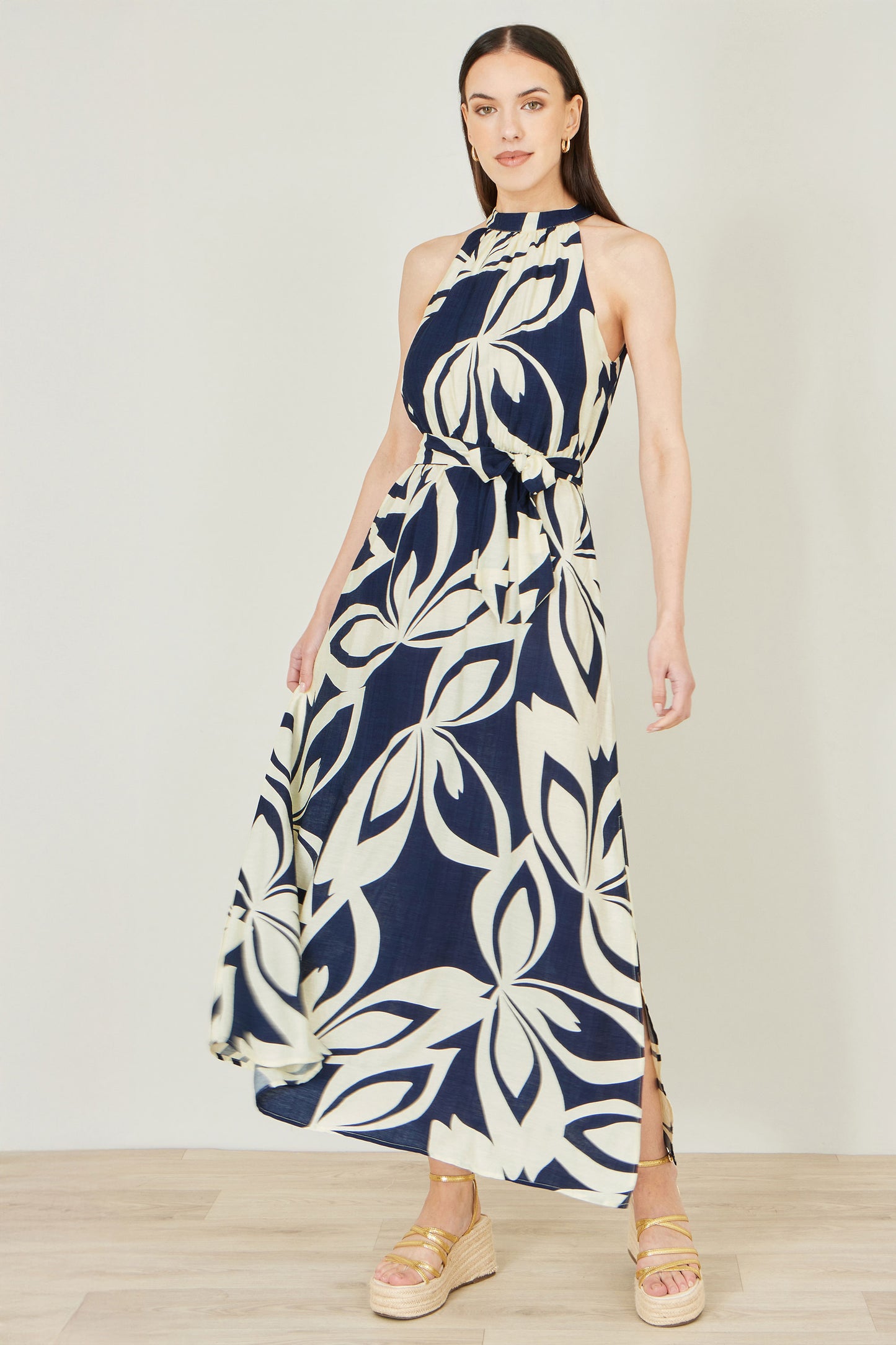 Yumi Navy Geo Swirl Print Halter Maxi Dress Beachwear Yumi