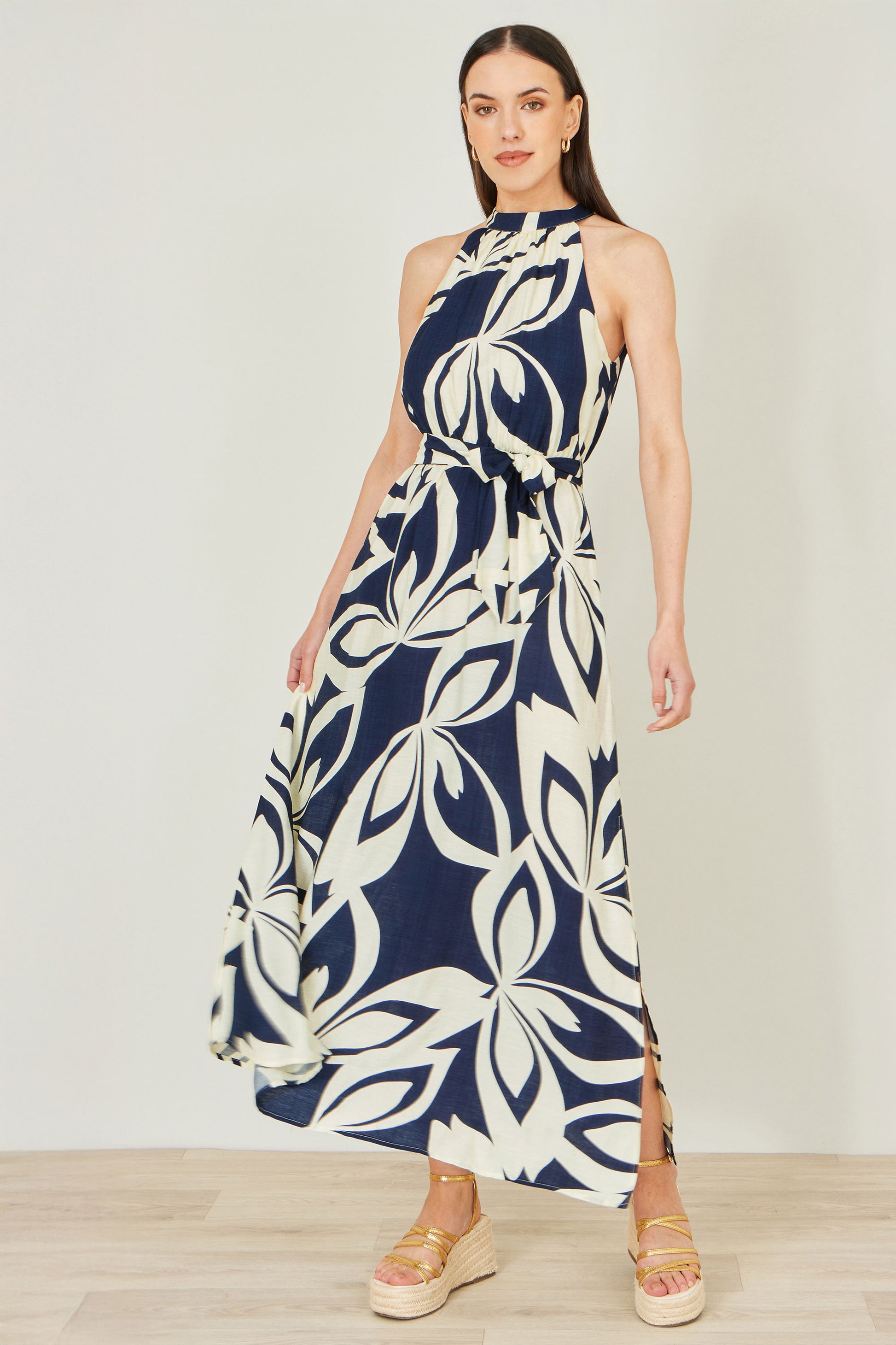 Yumi Navy Geo Swirl Print Halter Maxi Dress Beachwear Yumi