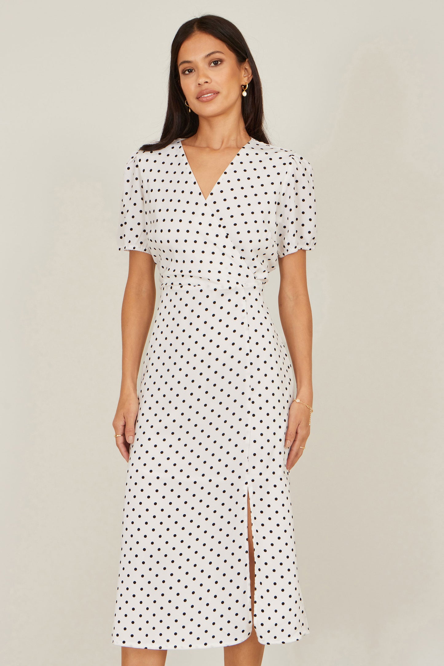 Yumi White Spot Print Wrap Tea Dress Dress Casual Yumi