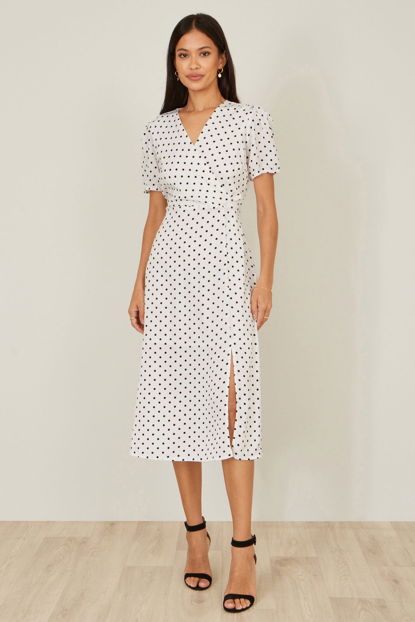 Yumi White Spot Print Wrap Tea Dress Dress Casual Yumi