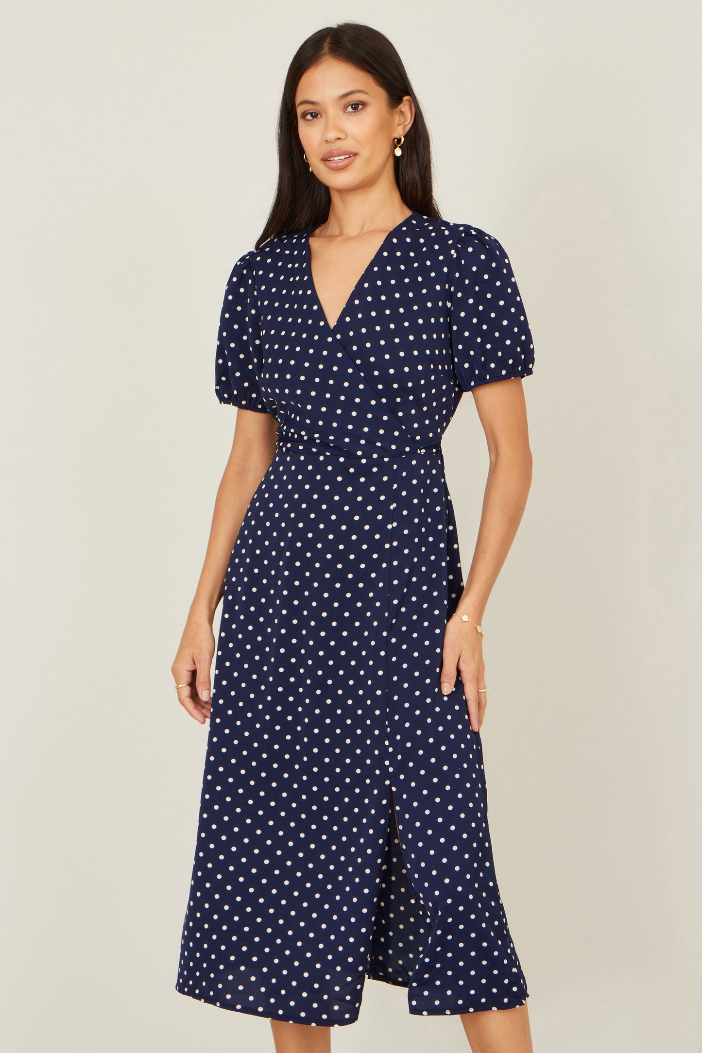 Yumi Navy Spot Wrap Midi Tea Dress Dress Casual Yumi