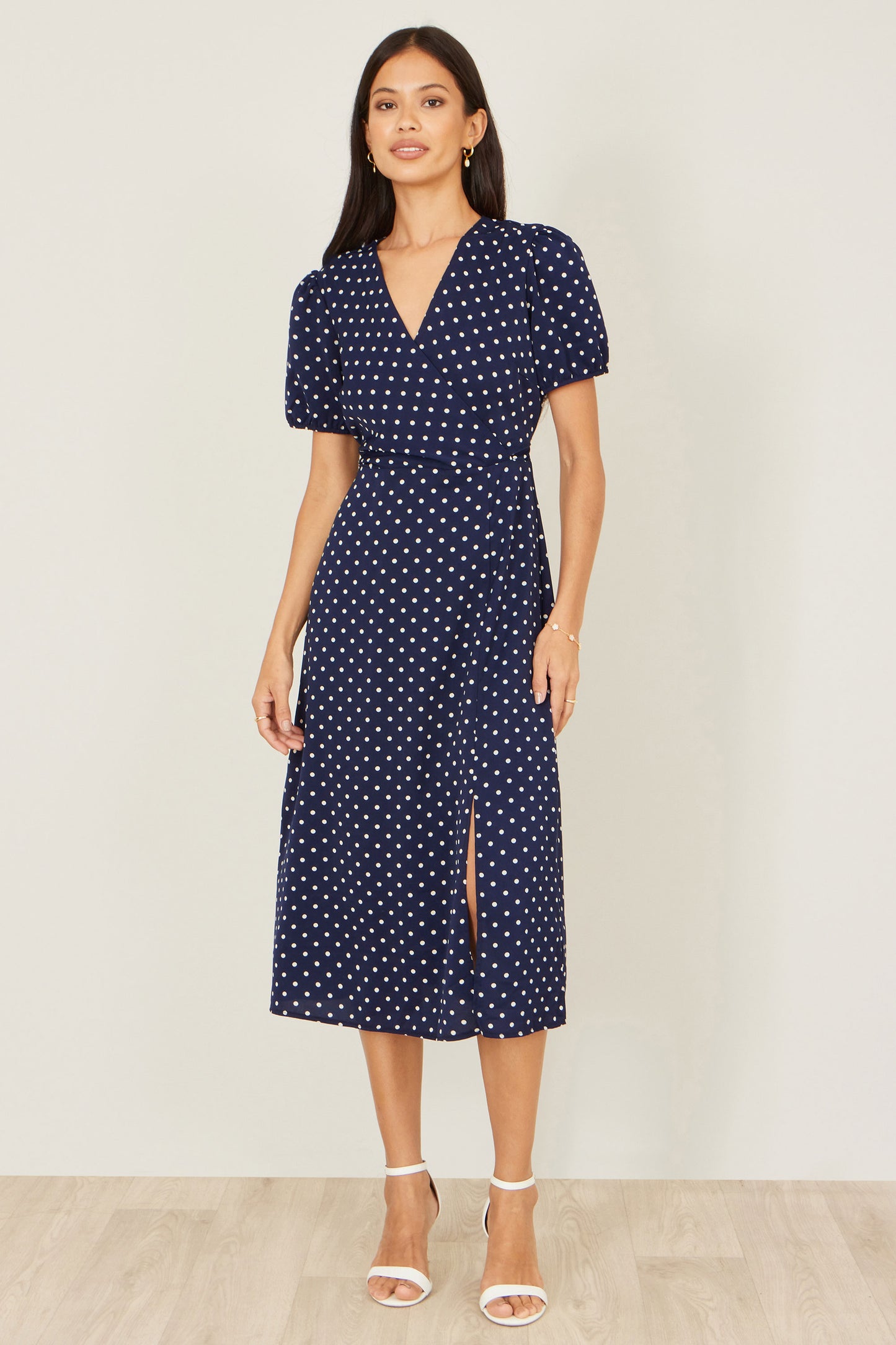 Yumi Navy Spot Wrap Midi Tea Dress Dress Casual Yumi