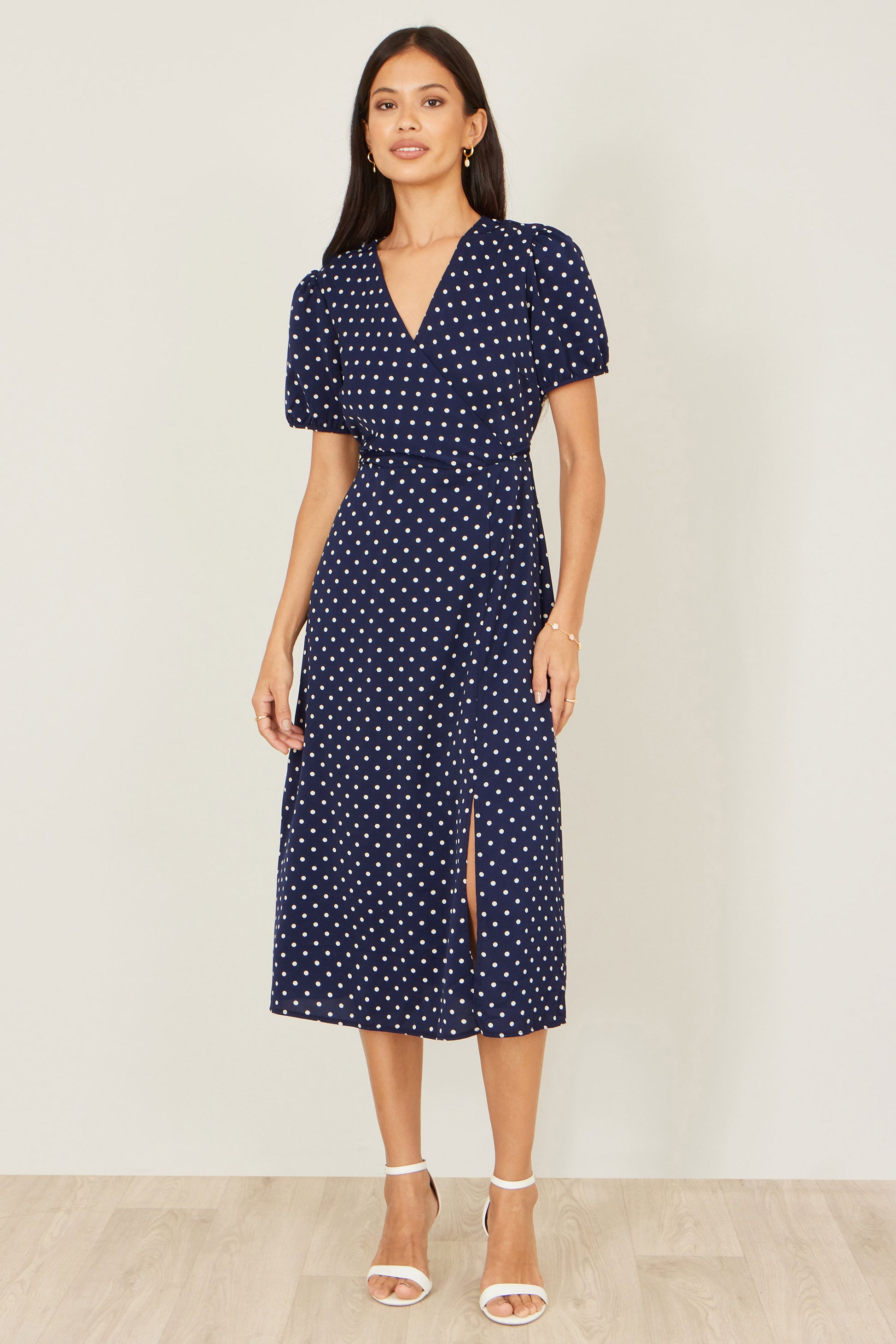 Yumi Navy Spot Wrap Midi Tea Dress Dress Casual Yumi