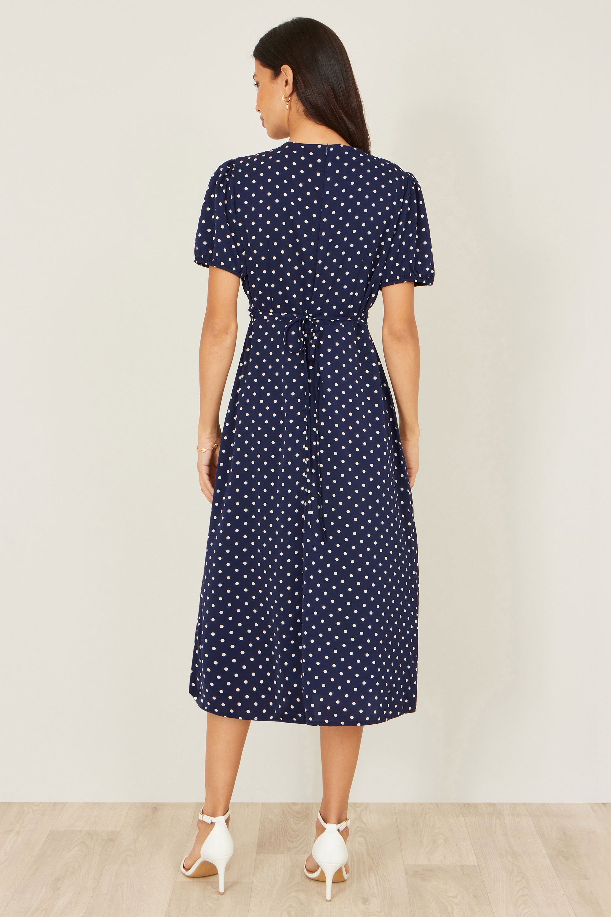 Yumi Navy Spot Wrap Midi Tea Dress Dress Casual Yumi