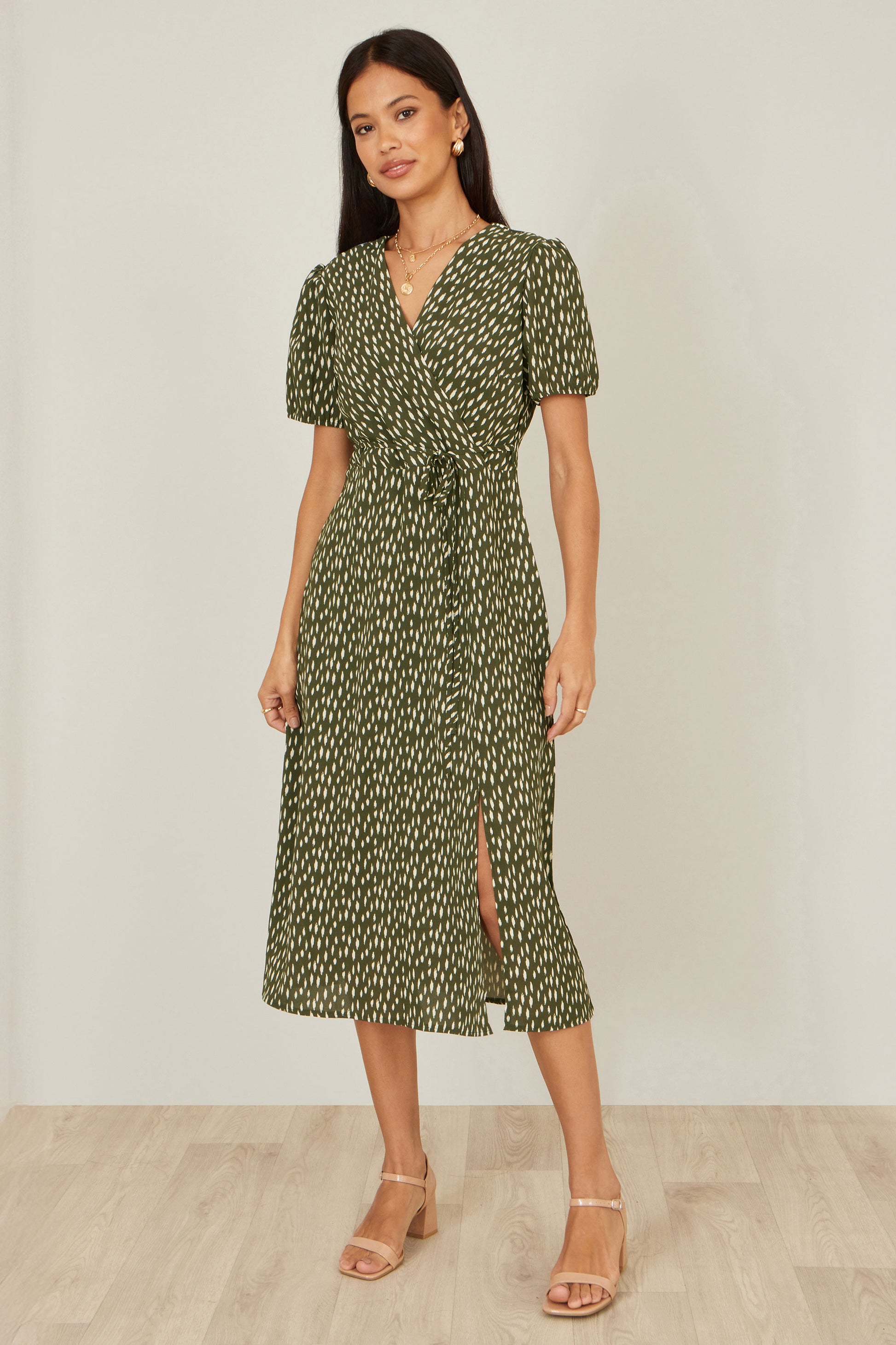 Yumi Green Spot Wrap Midi Tea Dress Dress Casual Yumi