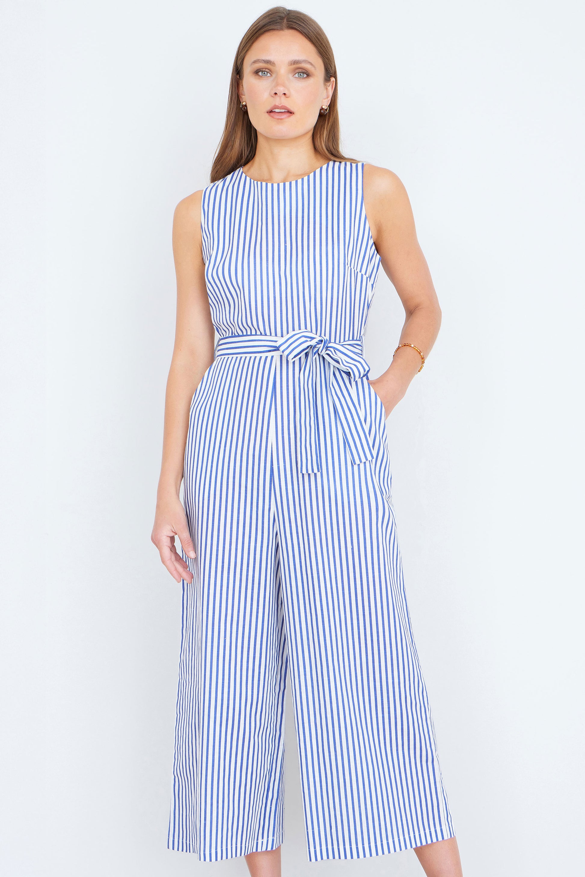 Yumi Blue Cotton Stripe Culotte Jumpsuit JUMPSUIT Yumi