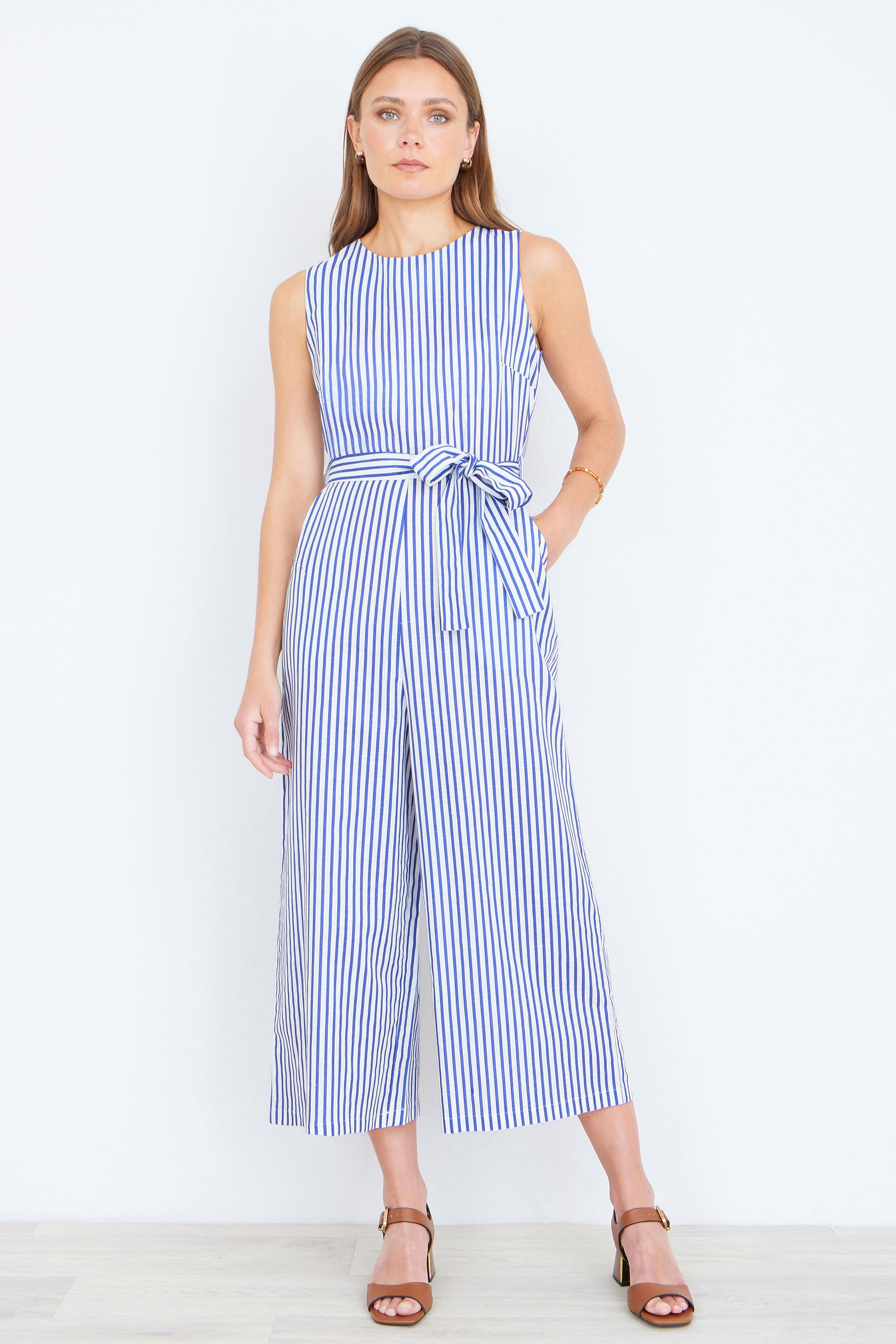 Yumi Blue Cotton Stripe Culotte Jumpsuit JUMPSUIT Yumi