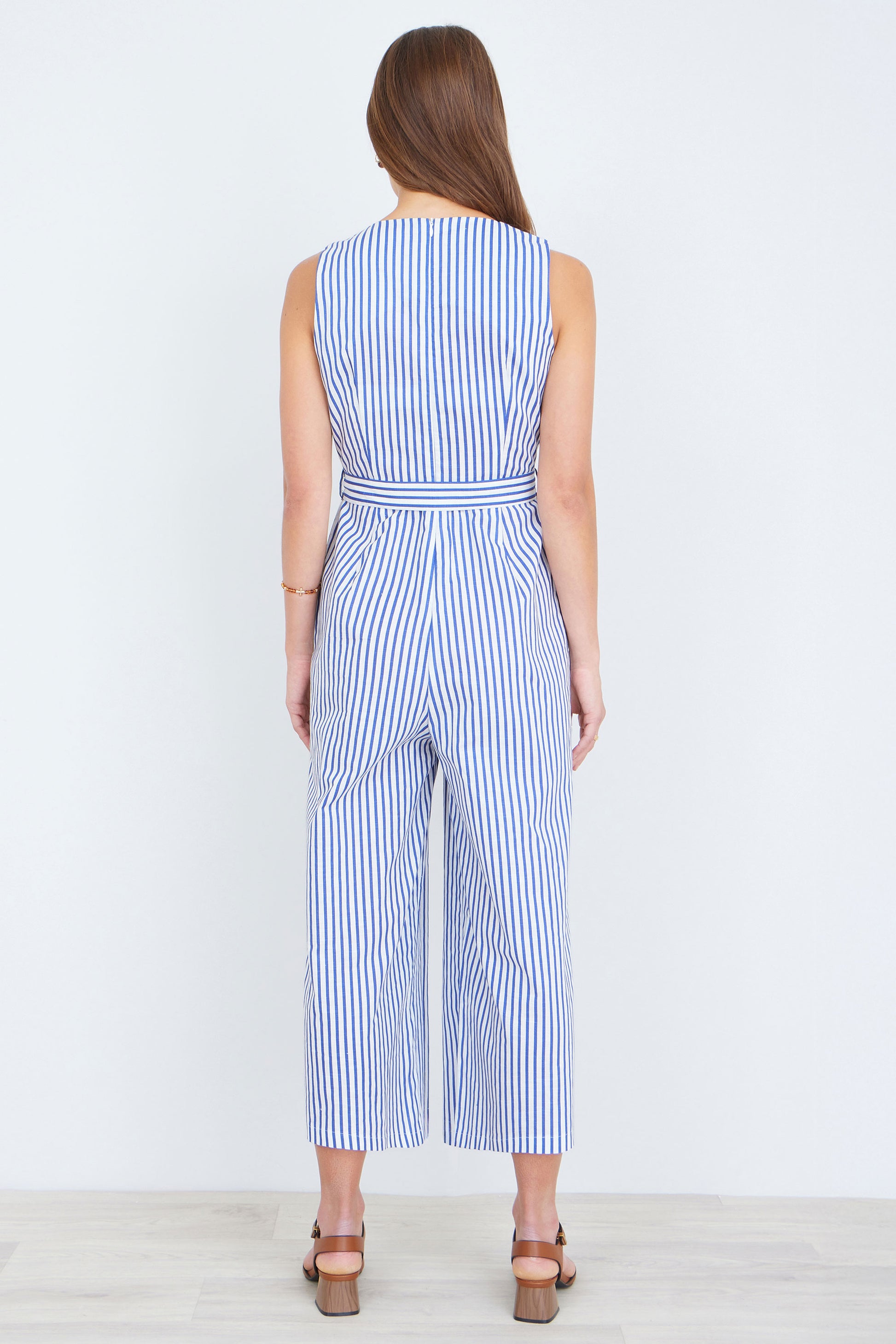 Yumi Blue Cotton Stripe Culotte Jumpsuit JUMPSUIT Yumi