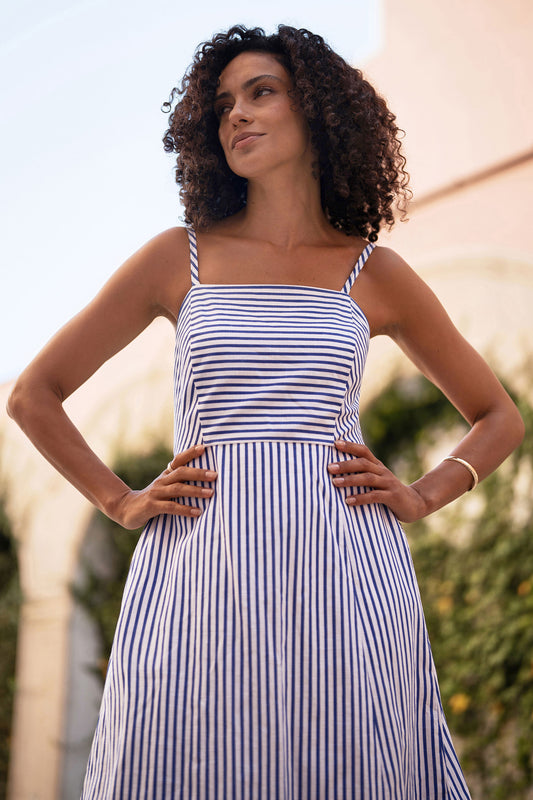 Yumi Blue Stripe Cotton Sun Dress With Ruched Back Beachwear Yumi