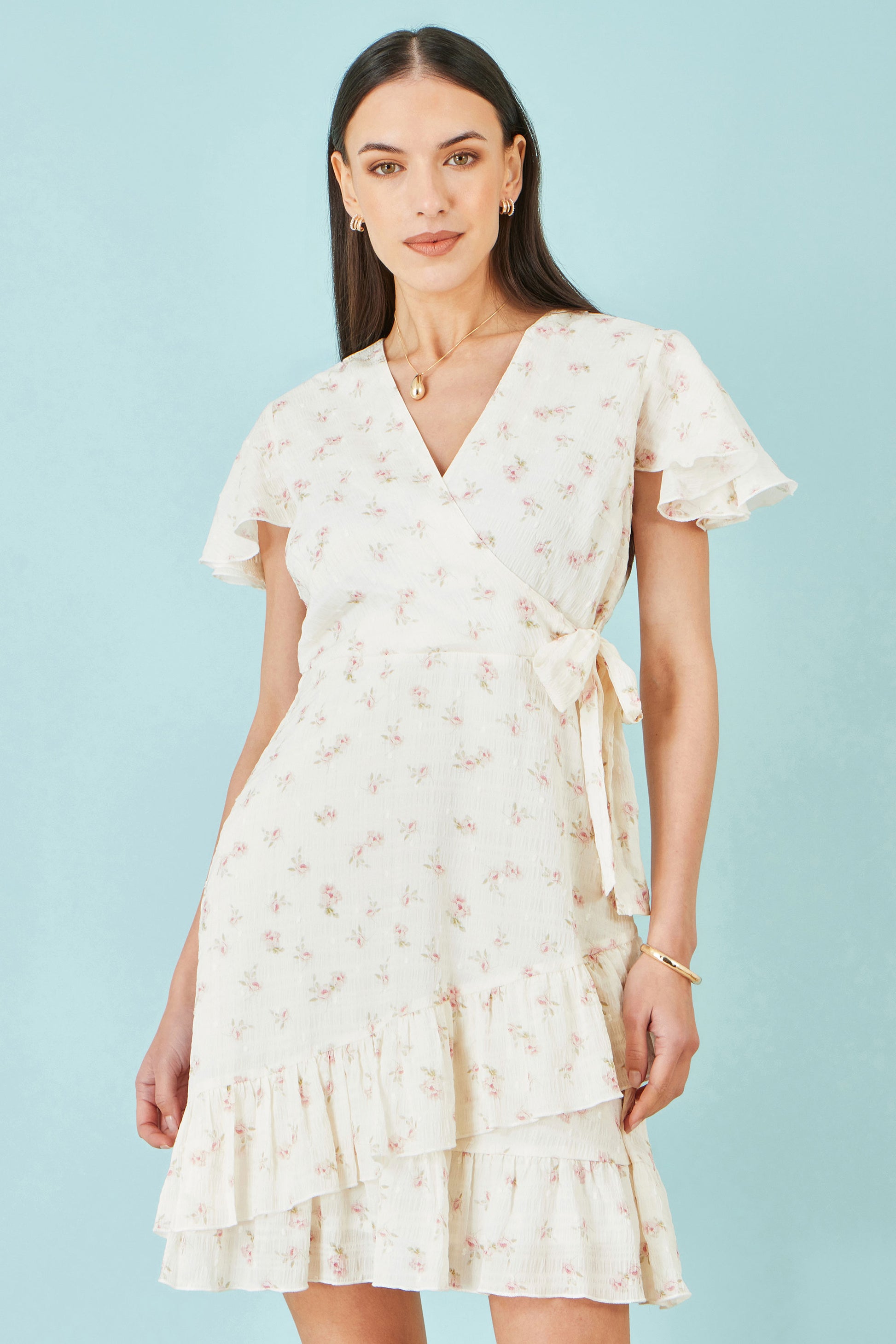 Yumi White Rose Print Wrap Over Frill Dress Dress Casual Yumi