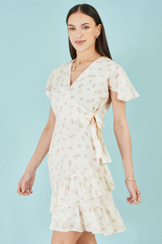 Yumi White Rose Print Wrap Over Frill Dress Dress Casual Yumi