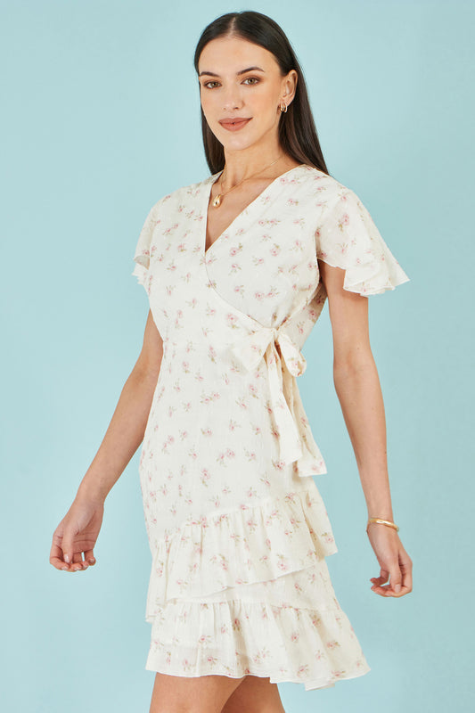 Yumi White Rose Print Wrap Over Frill Dress Dress Casual Yumi