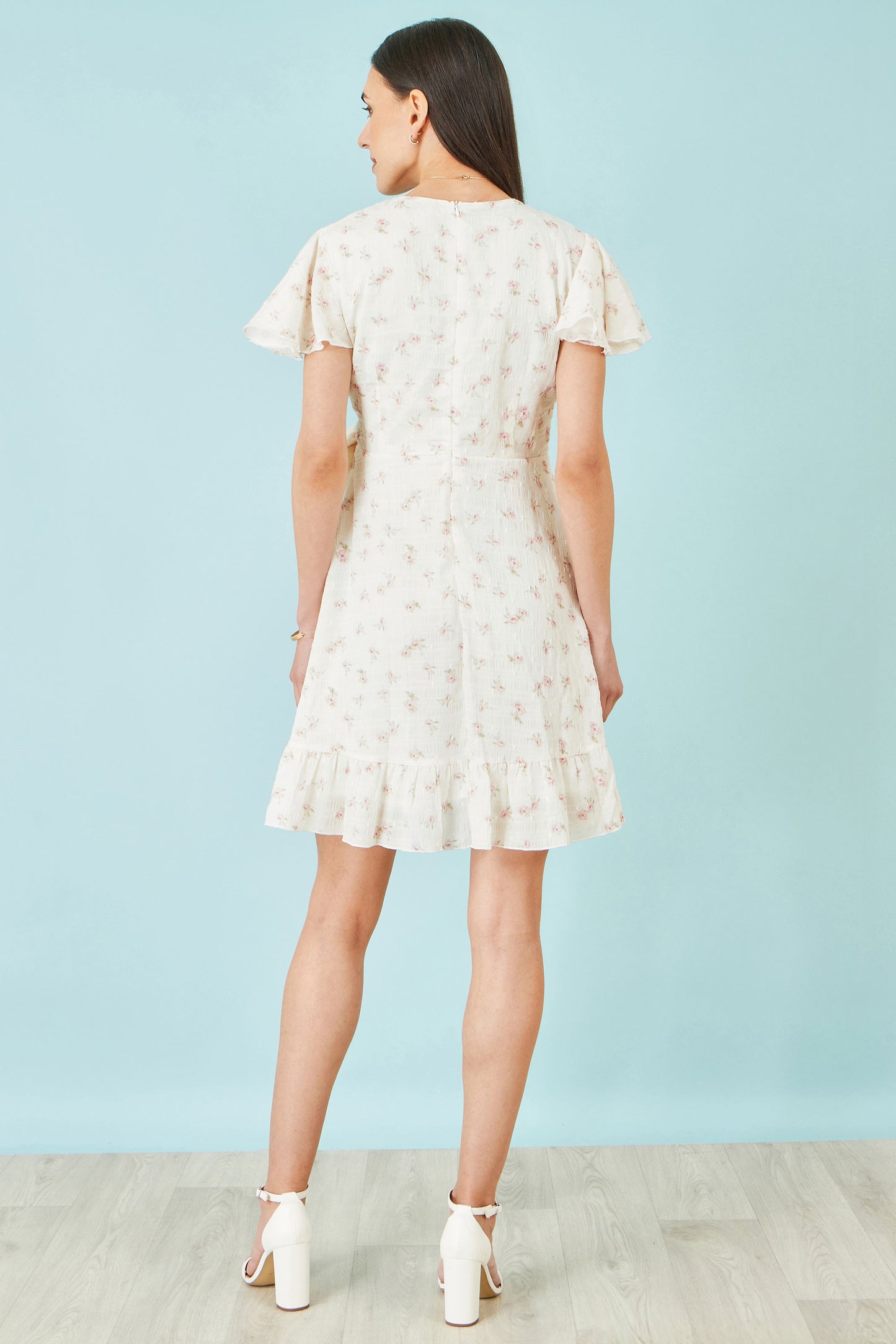 Yumi White Rose Print Wrap Over Frill Dress Dress Casual Yumi