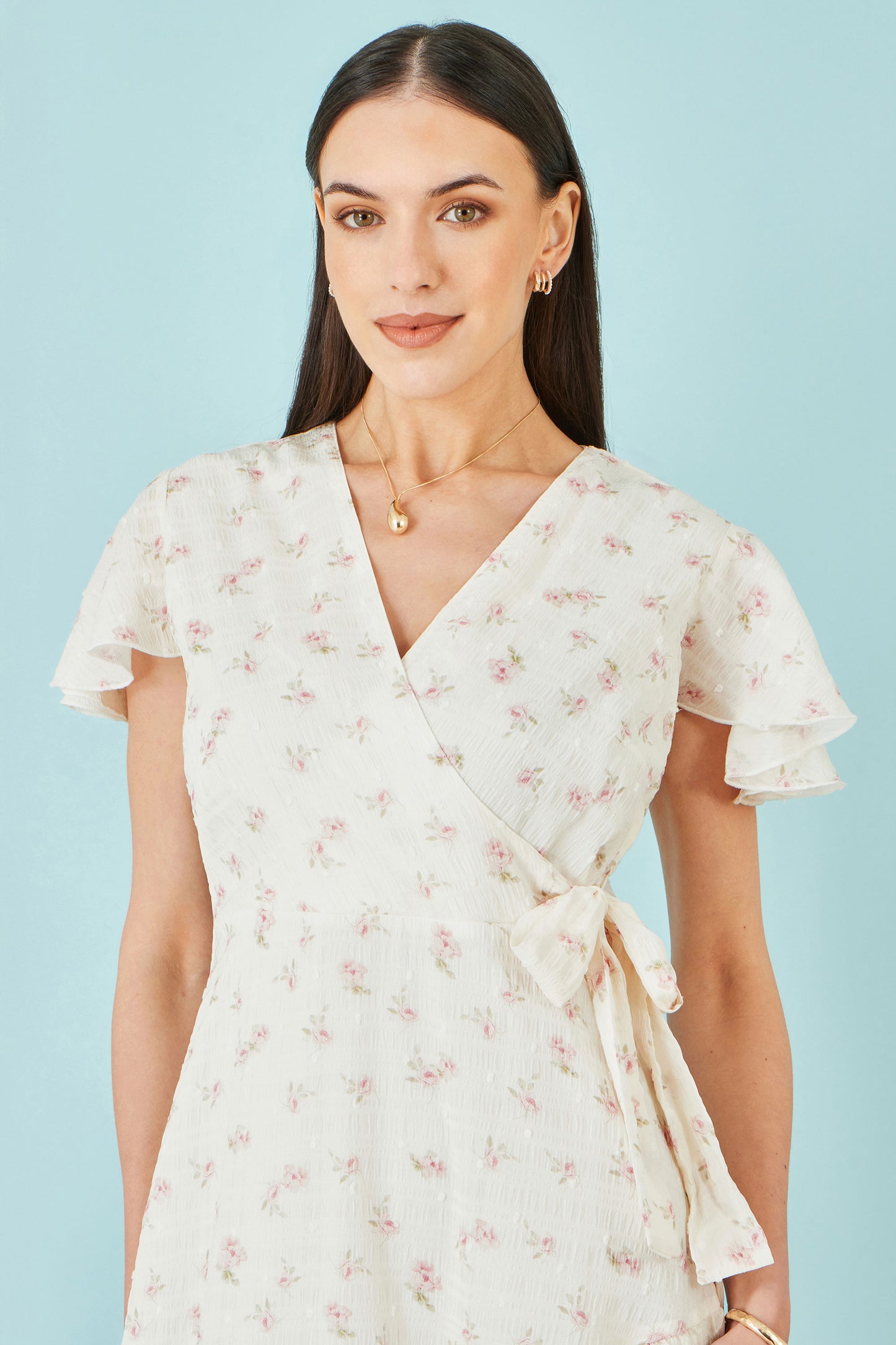 Yumi White Rose Print Wrap Over Frill Dress Dress Casual Yumi