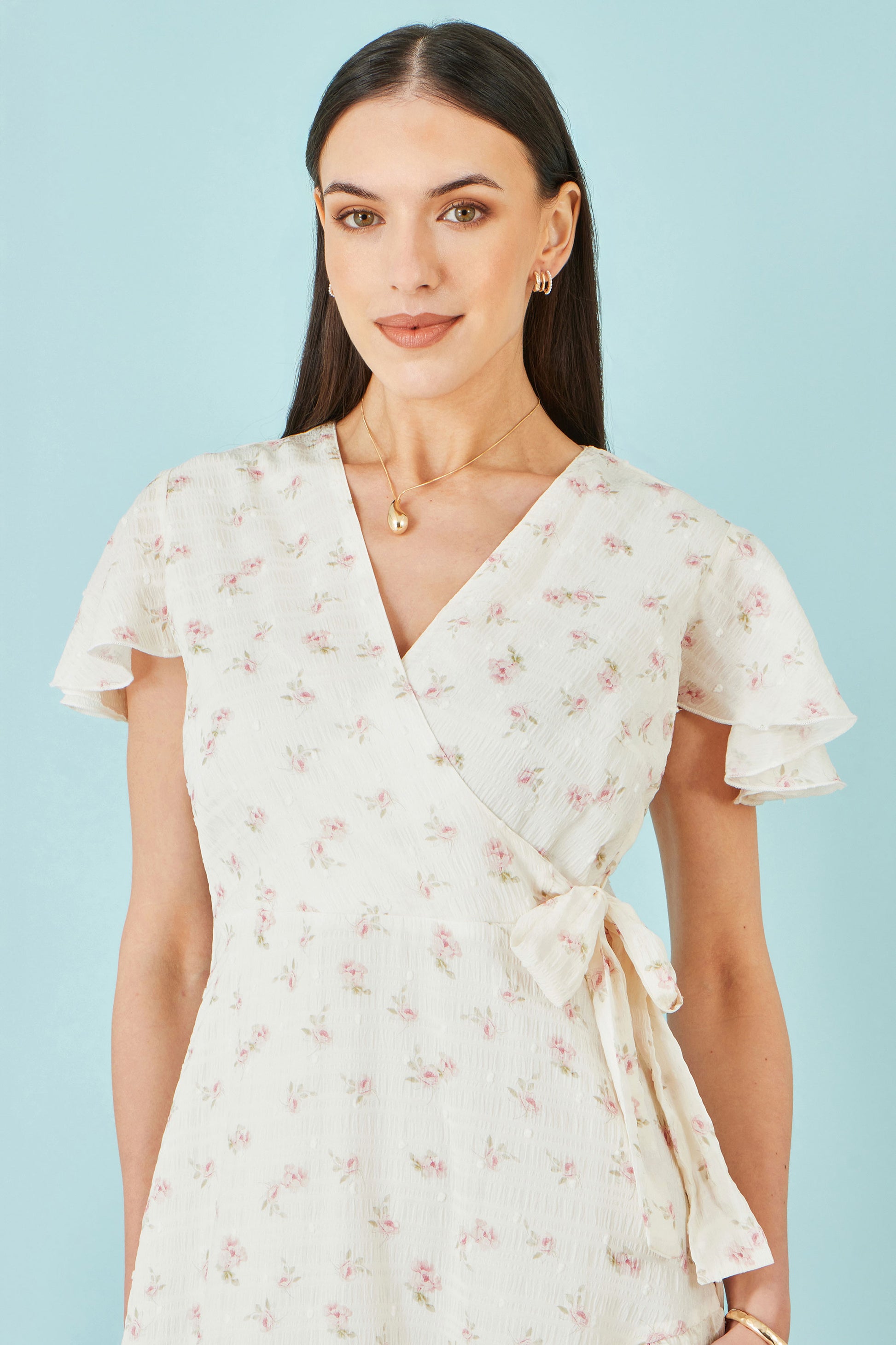 Yumi White Rose Print Wrap Over Frill Dress Dress Casual Yumi