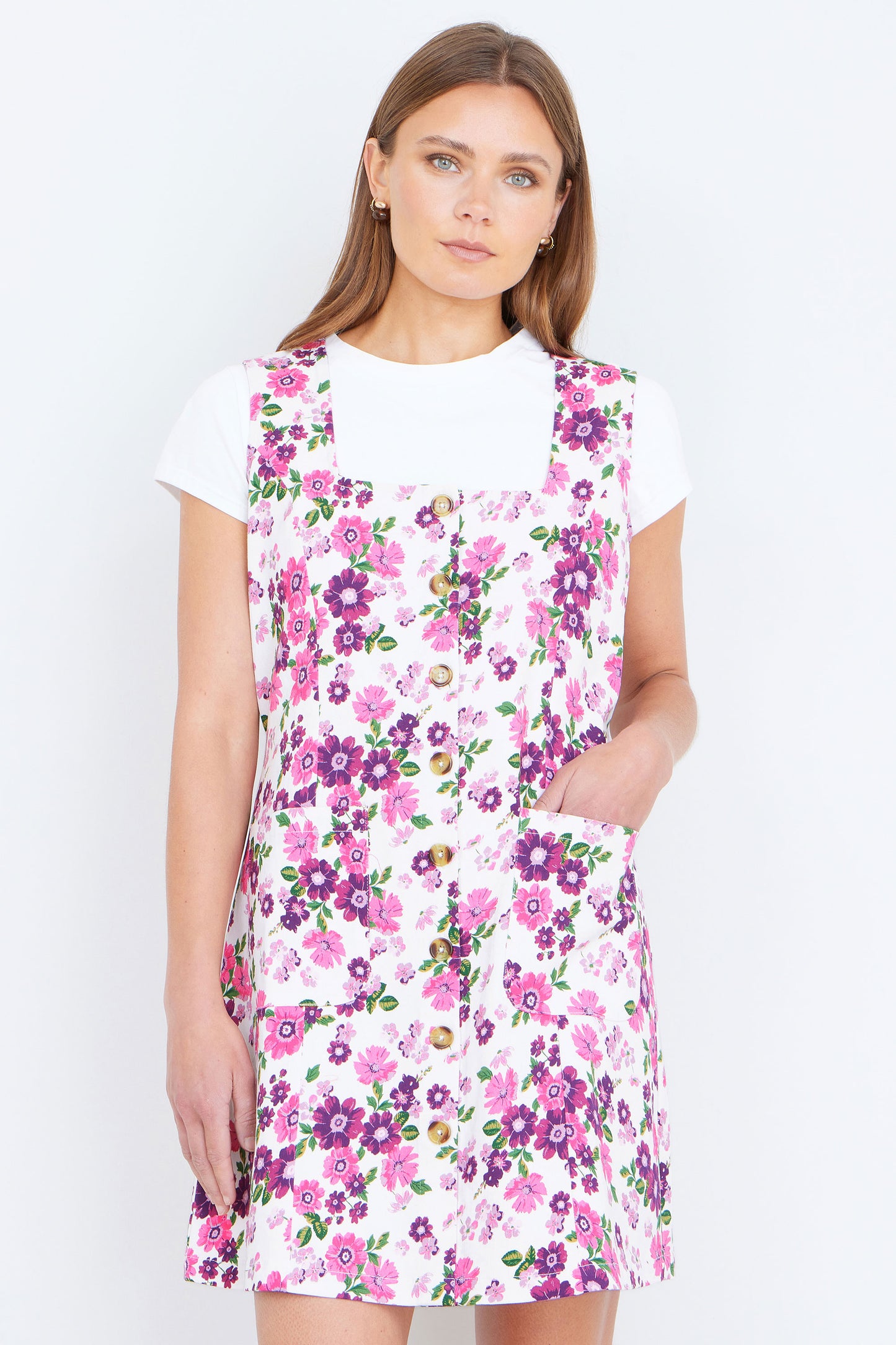 Yumi Pink Retro Floral Cotton Stretch Pinafore Dress Dress Casual Yumi