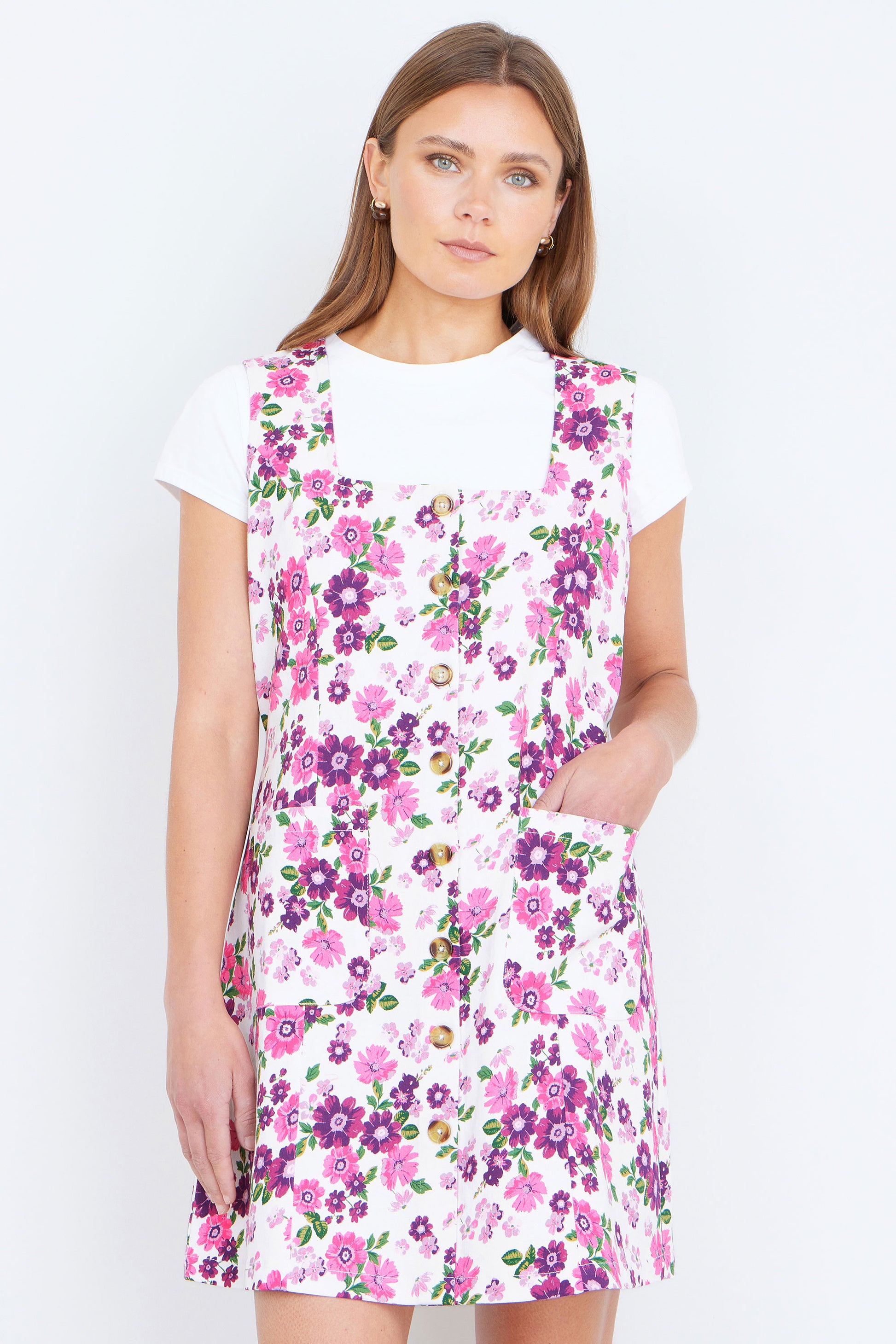 Yumi Pink Retro Floral Cotton Stretch Pinafore Dress Dress Casual Yumi