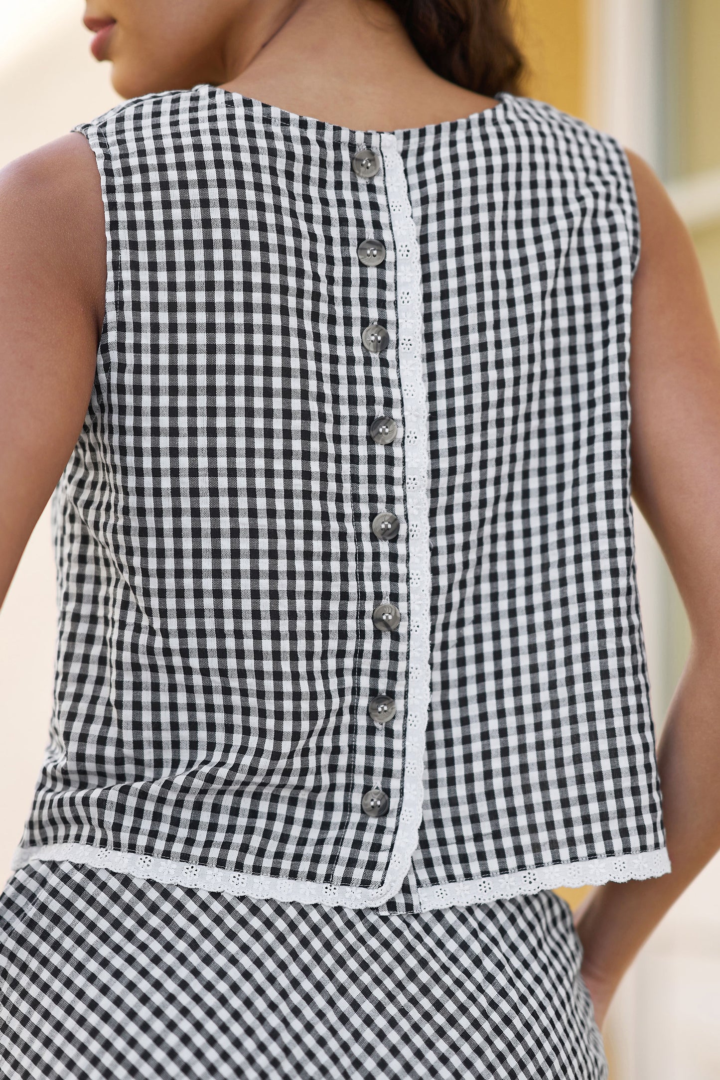 Yumi Black Gingham Cotton Top With Lace Trims Tops Yumi
