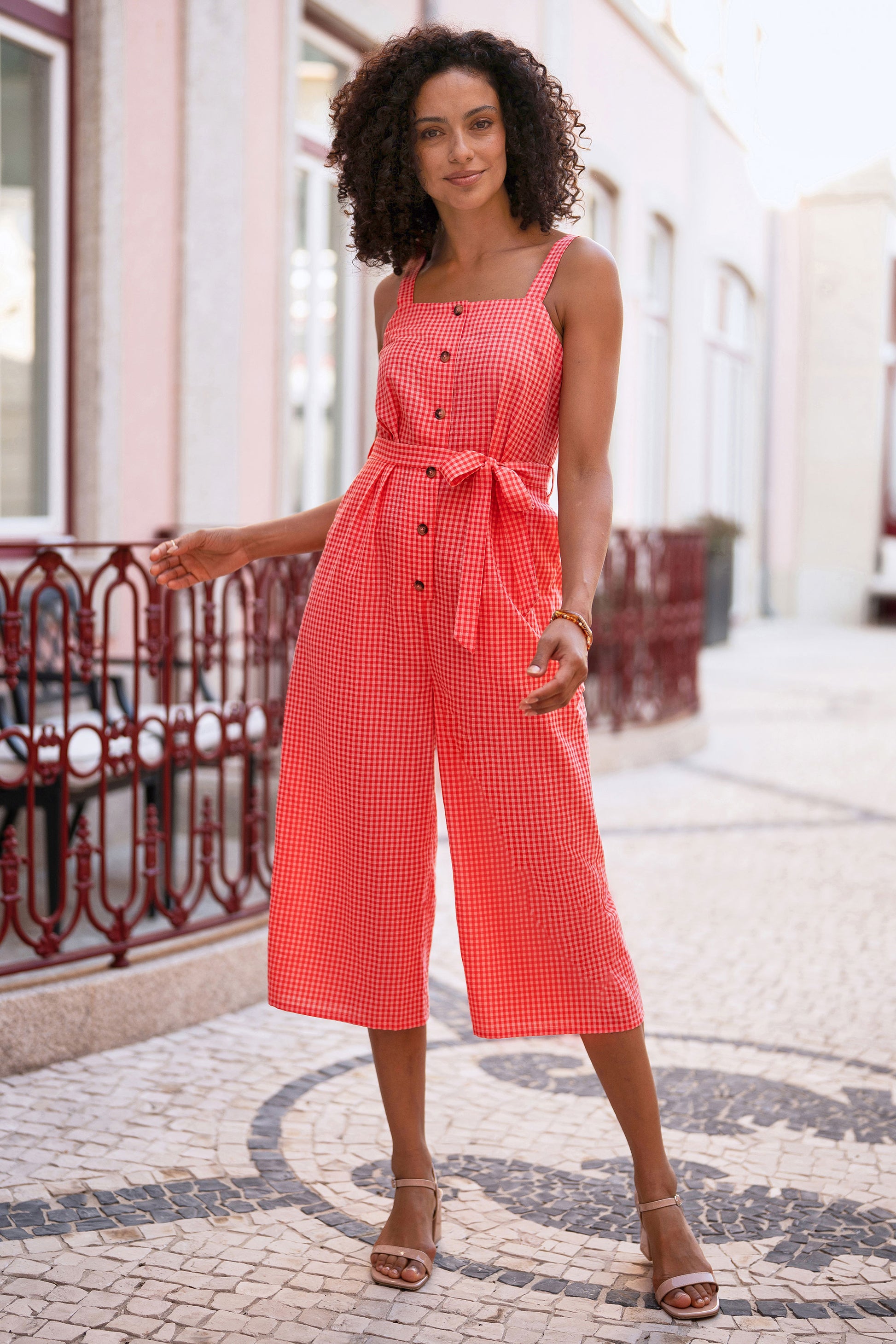 Yumi Red Gingham Button Through Jumpsuit JUMPSUIT Yumi