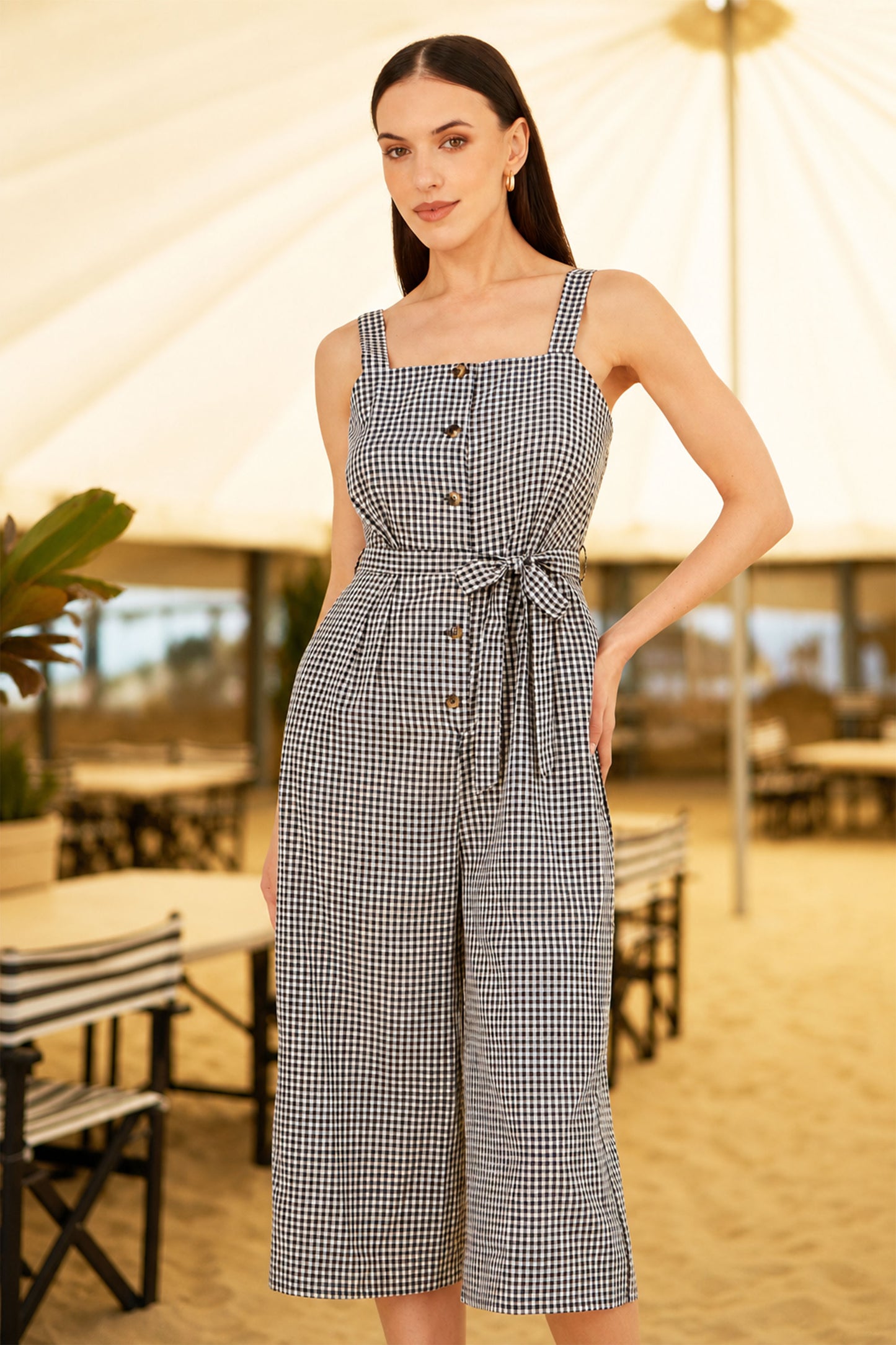Yumi Black Gingham Button Through Jumpsuit JUMPSUIT Yumi