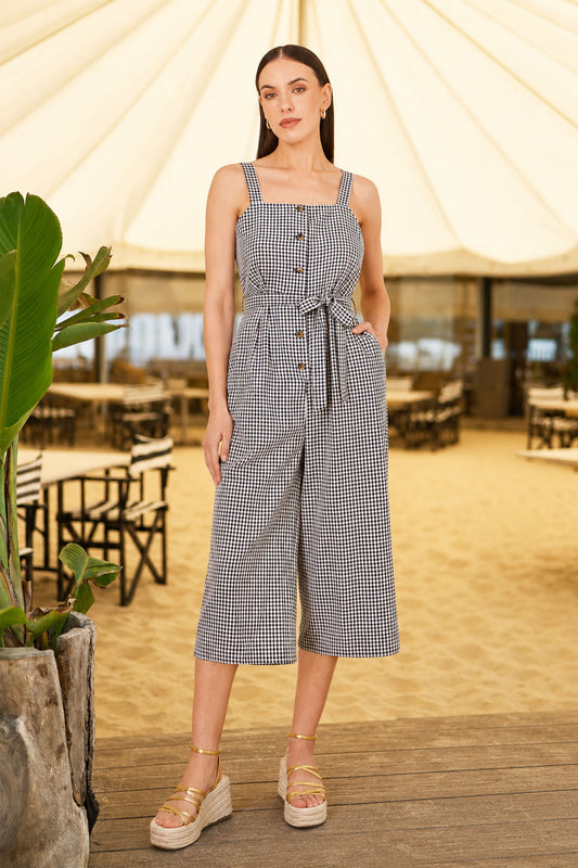 Yumi Black Gingham Button Through Jumpsuit JUMPSUIT Yumi