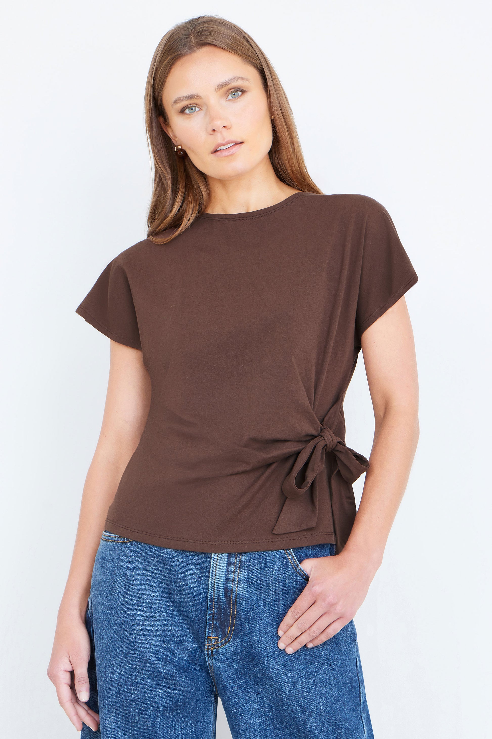 Yumi Brown Cotton Jersey Top With Knot Detail Tops Yumi