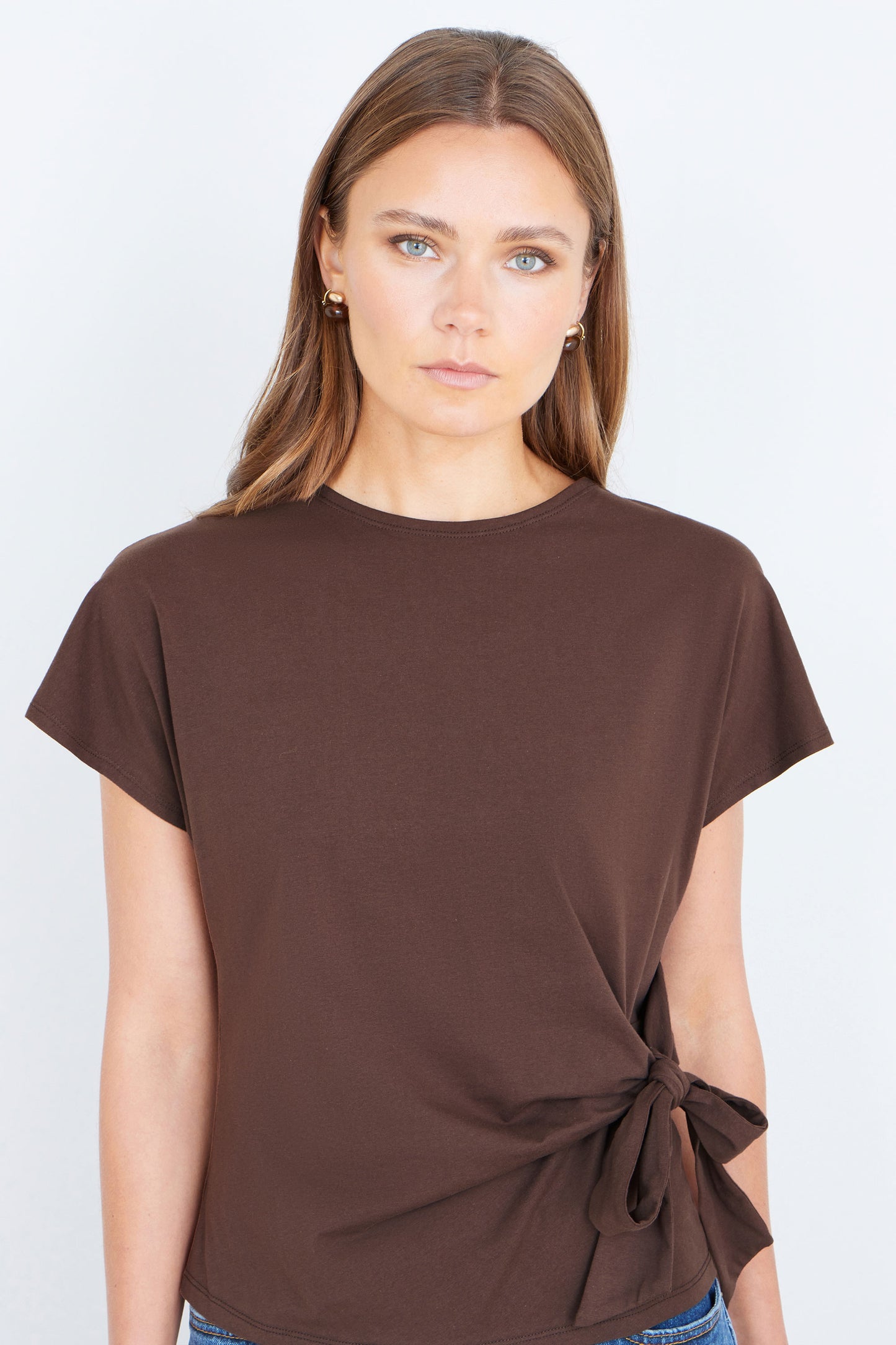 Yumi Brown Cotton Jersey Top With Knot Detail Tops Yumi