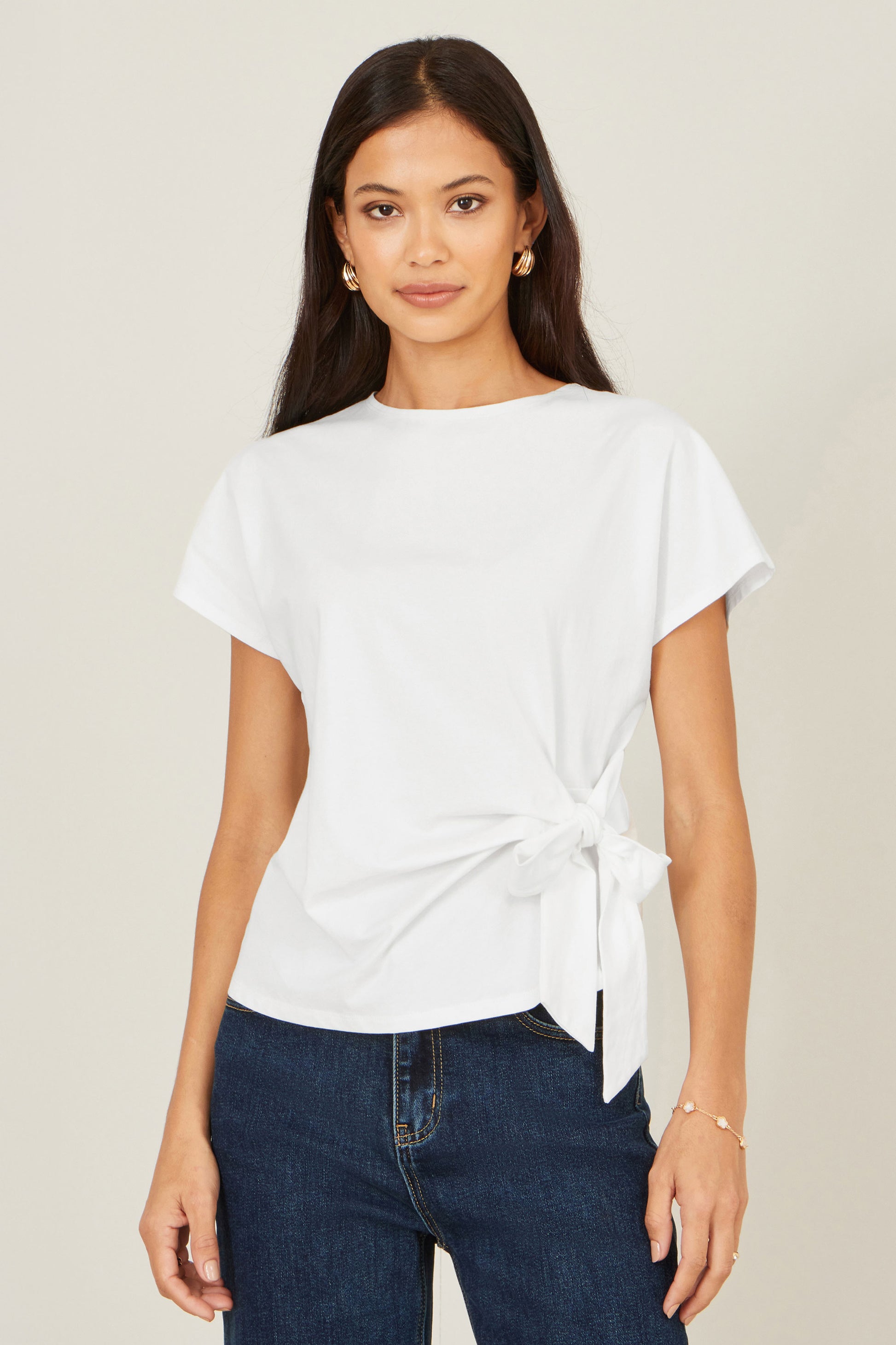 Yumi White Cotton Jersey Top With Knot Detail Tops Yumi