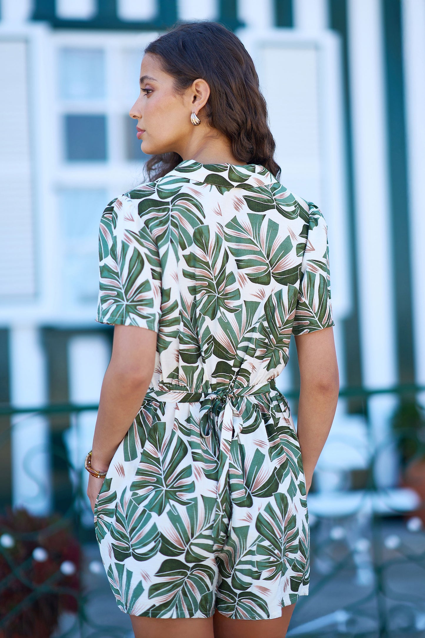 Yumi Green Viscose Leaf Print Retro Playsuit