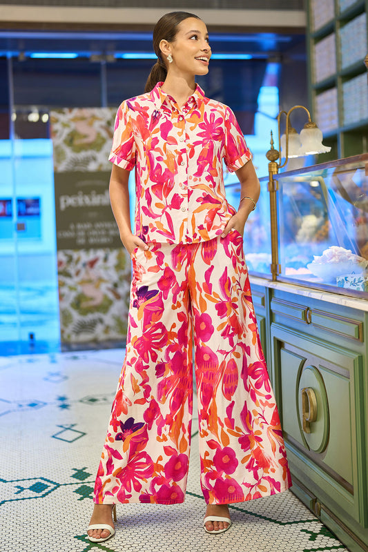 Yumi Pink Abstract Floral Wide Leg Trousers
