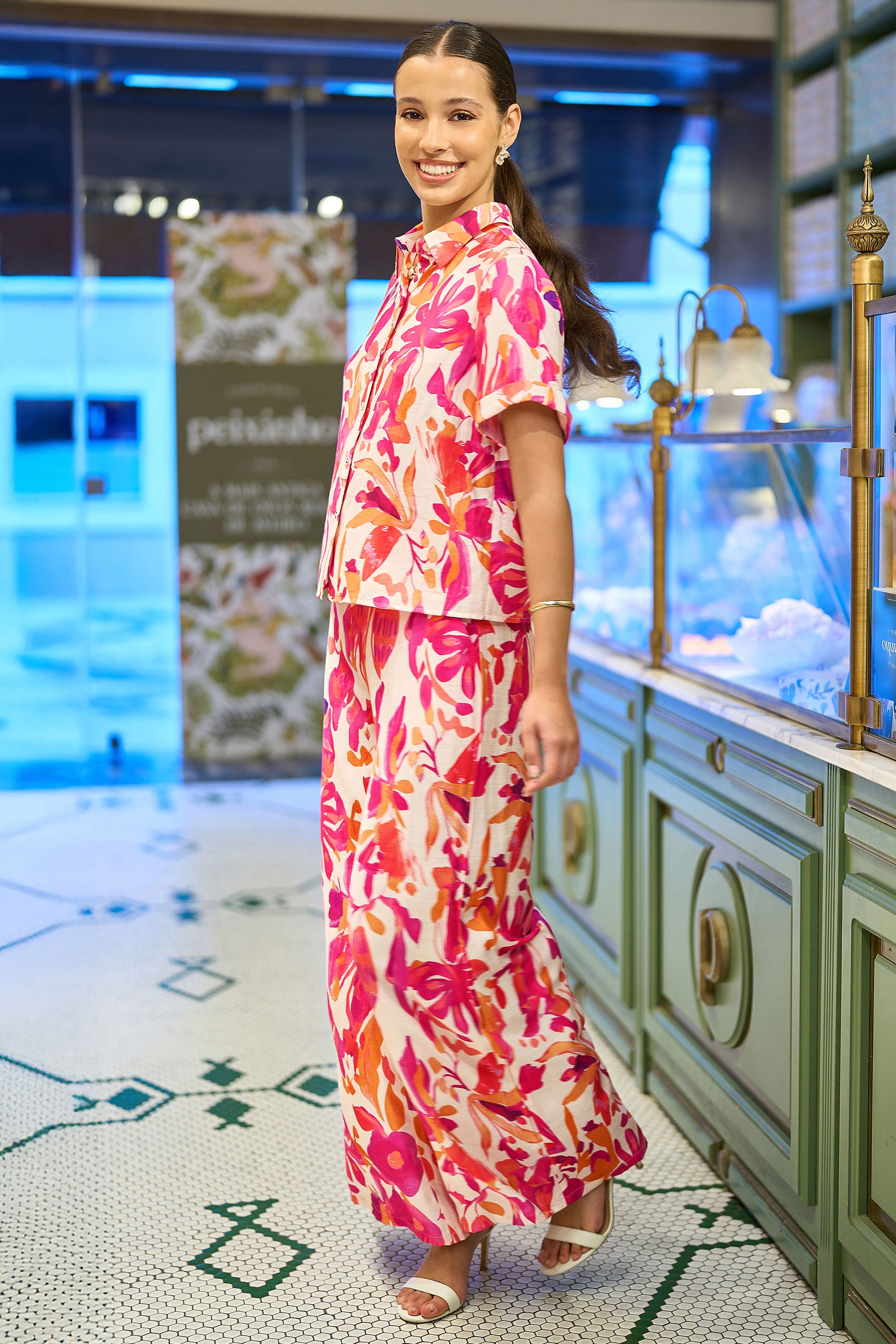 Yumi Pink Abstract Floral Wide Leg Trousers TROUSER Yumi