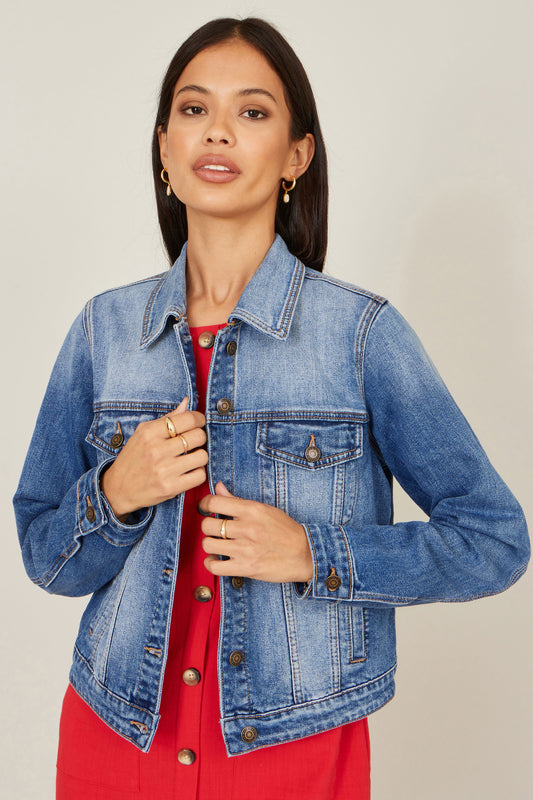 Yumi Blue Stretch Washed Denim Jacket Outerwear Yumi