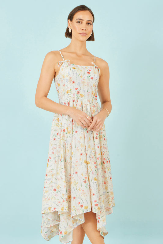 Yumi White Botanical Embroidery Fabric Handkerchief Hem Dress Beachwear Yumi