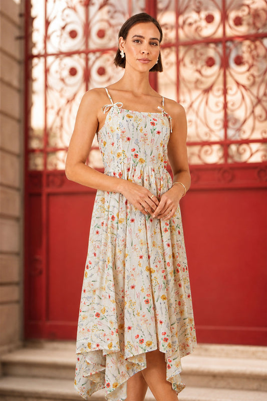 Yumi White Botanical Embroidery Fabric Handkerchief Hem Dress Beachwear Yumi