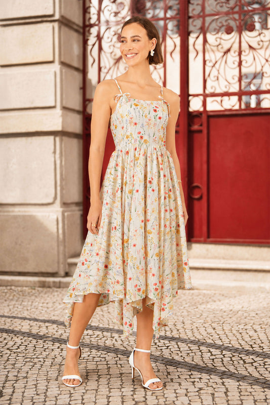 Yumi White Botanical Embroidery Fabric Handkerchief Hem Dress Beachwear Yumi
